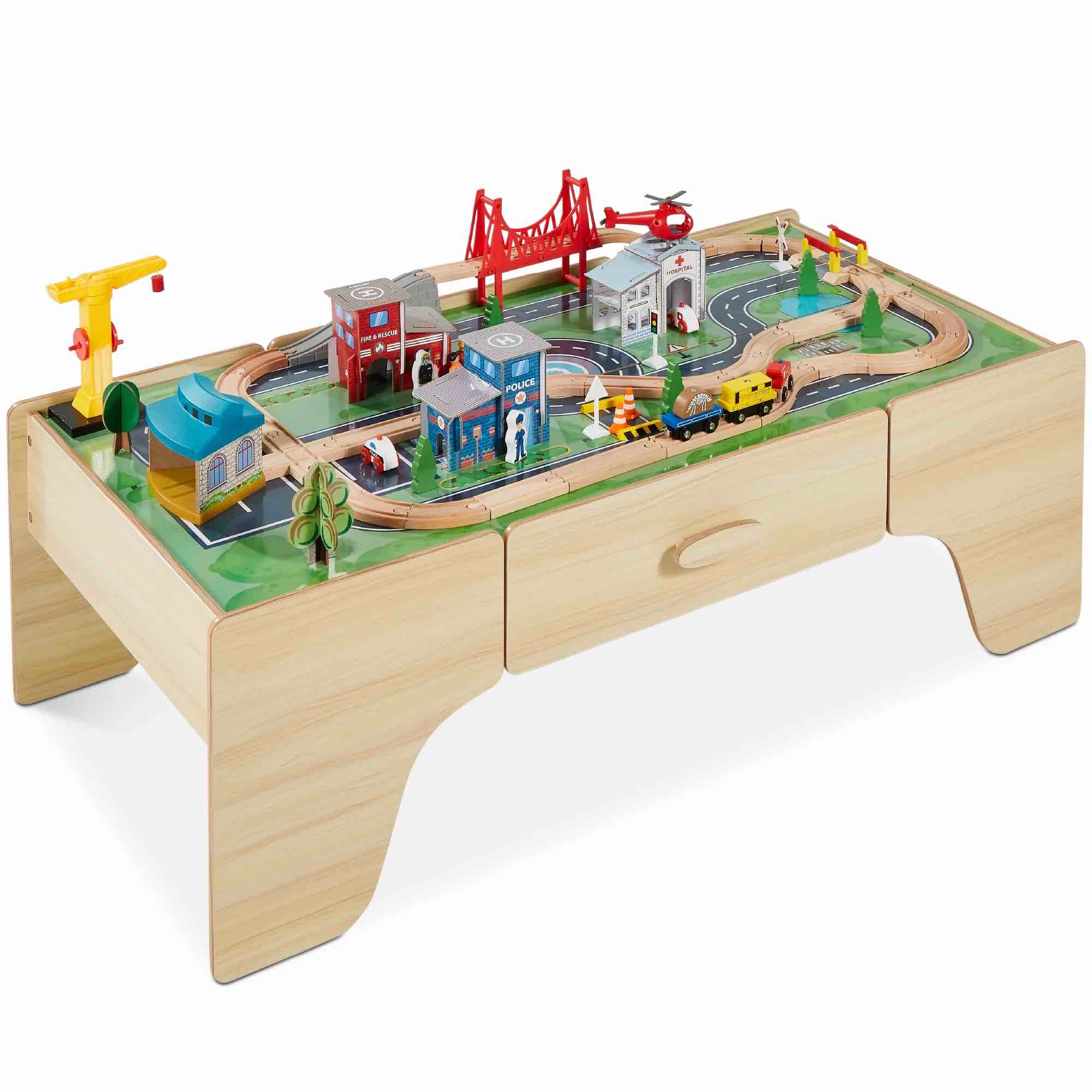 Best Choice Products Kids 70-Piece Train Table, Large Multipurpose Wooden Playset w/ Reversible Table Top - Natural