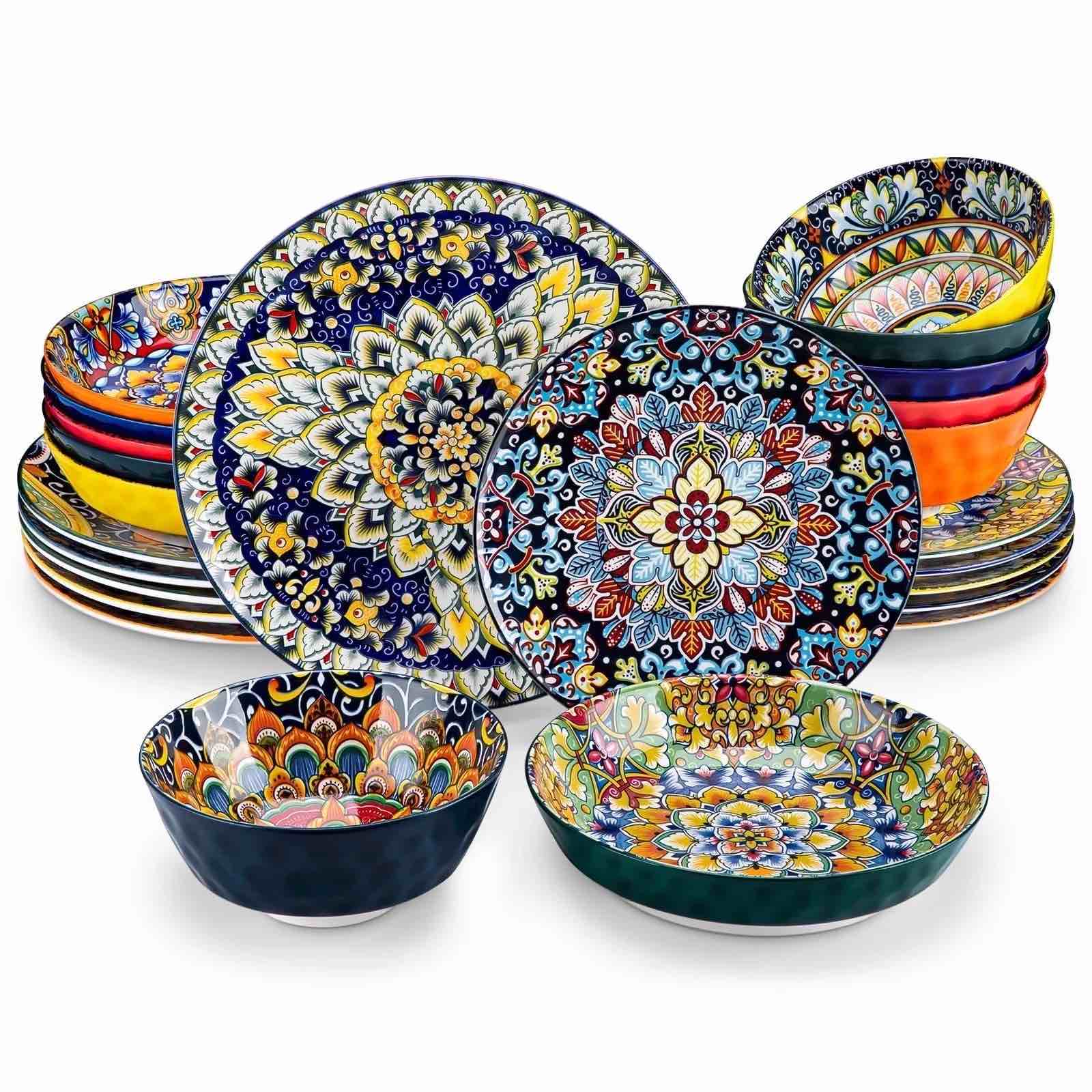 MALACASA 24 Piece Dinnerware Sets, Bohemian Plates and Bowls Set for 6, Porcelain Dinner Set, Multicolor