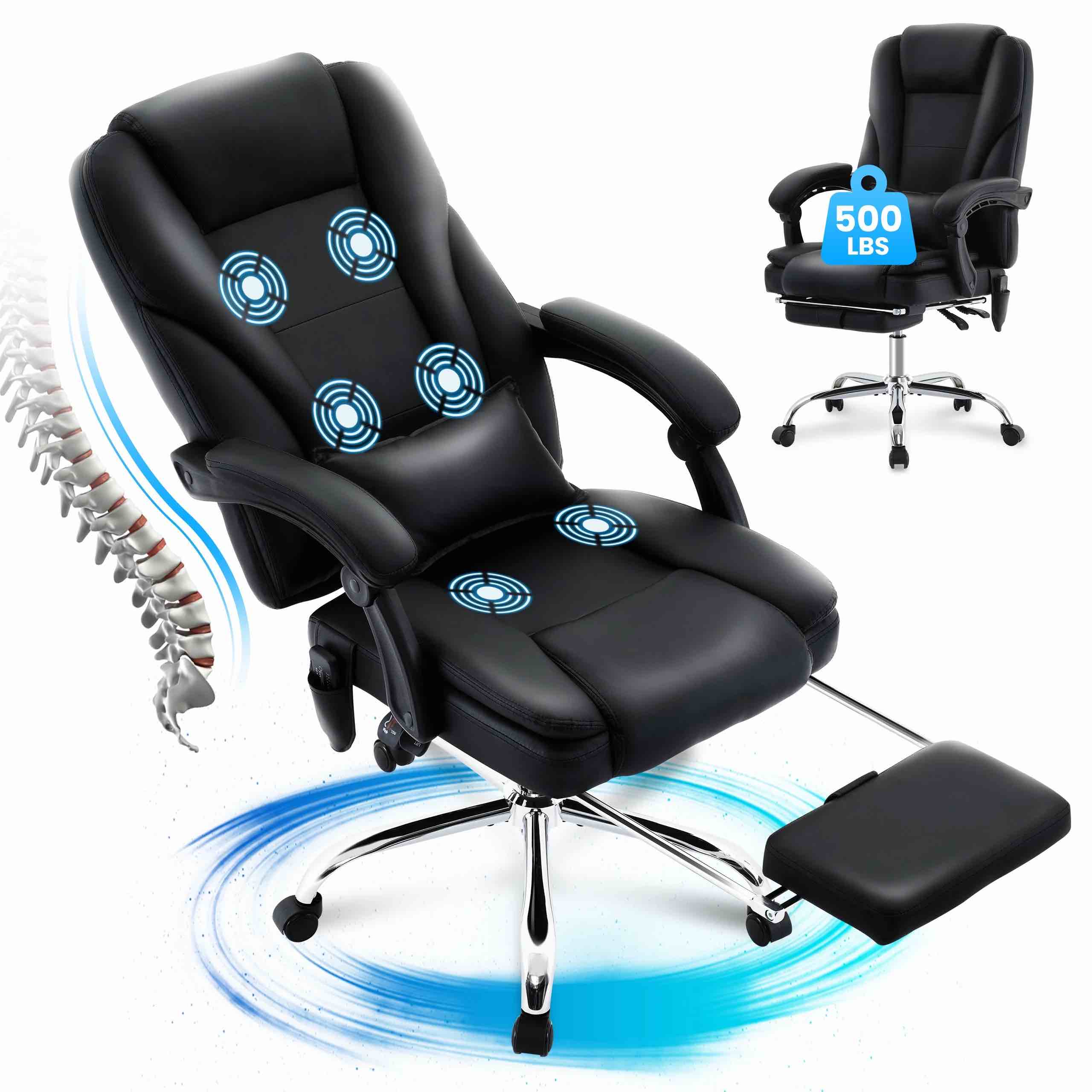 JONPONY Big and Tall Office Chair 500LBS Executive Office Chair Massage and Footrest Ergonomic Computer Desk Chair Reclining High Back Leather Office Chair Lumbar Back Support Swivel Rolling,Black