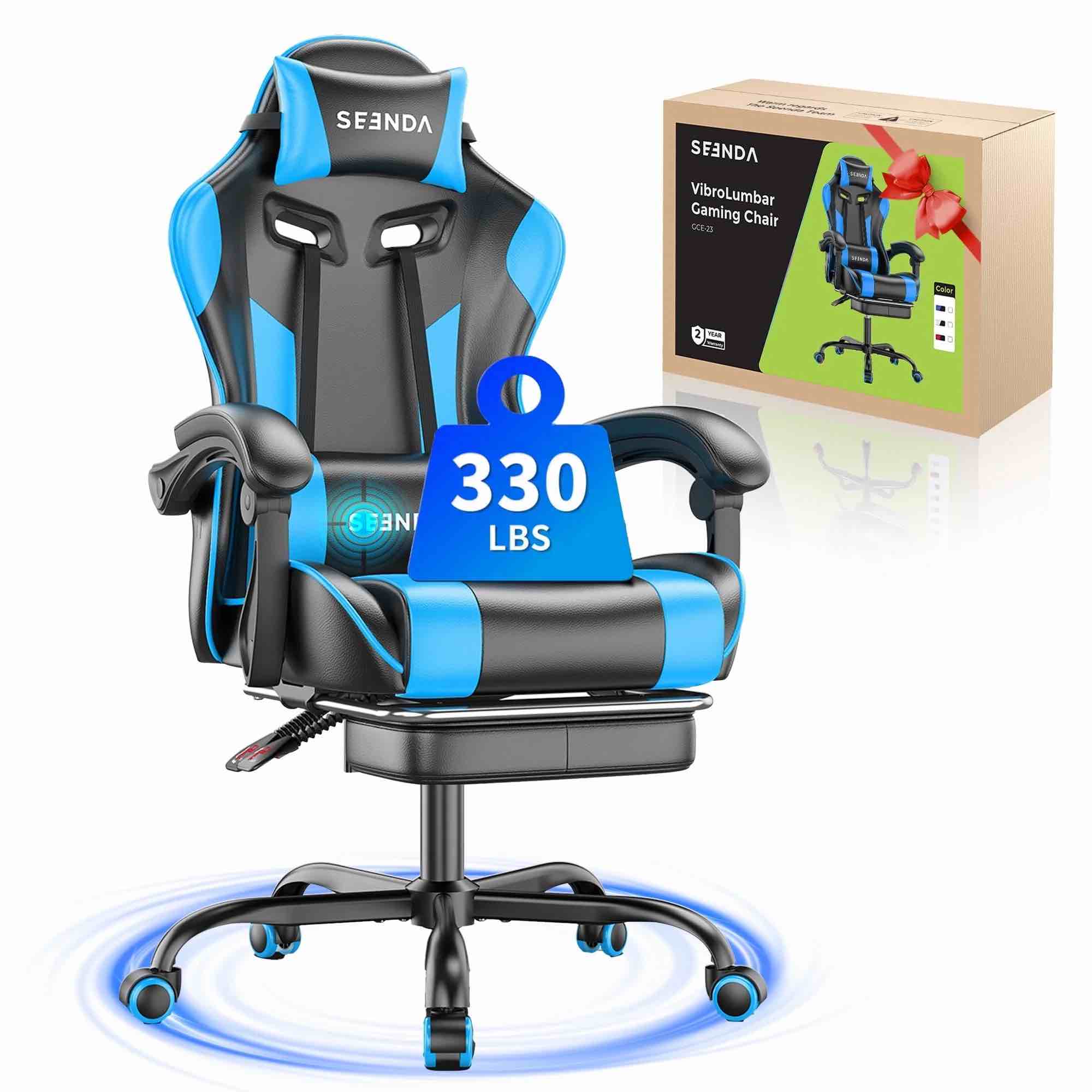 Massage Gaming Chair, Seenda Video Game Chair with Footrest and Lumbar Support, Ergonomic Computer Chair Height Adjustable with Swivel Seat and Headrest, Blue