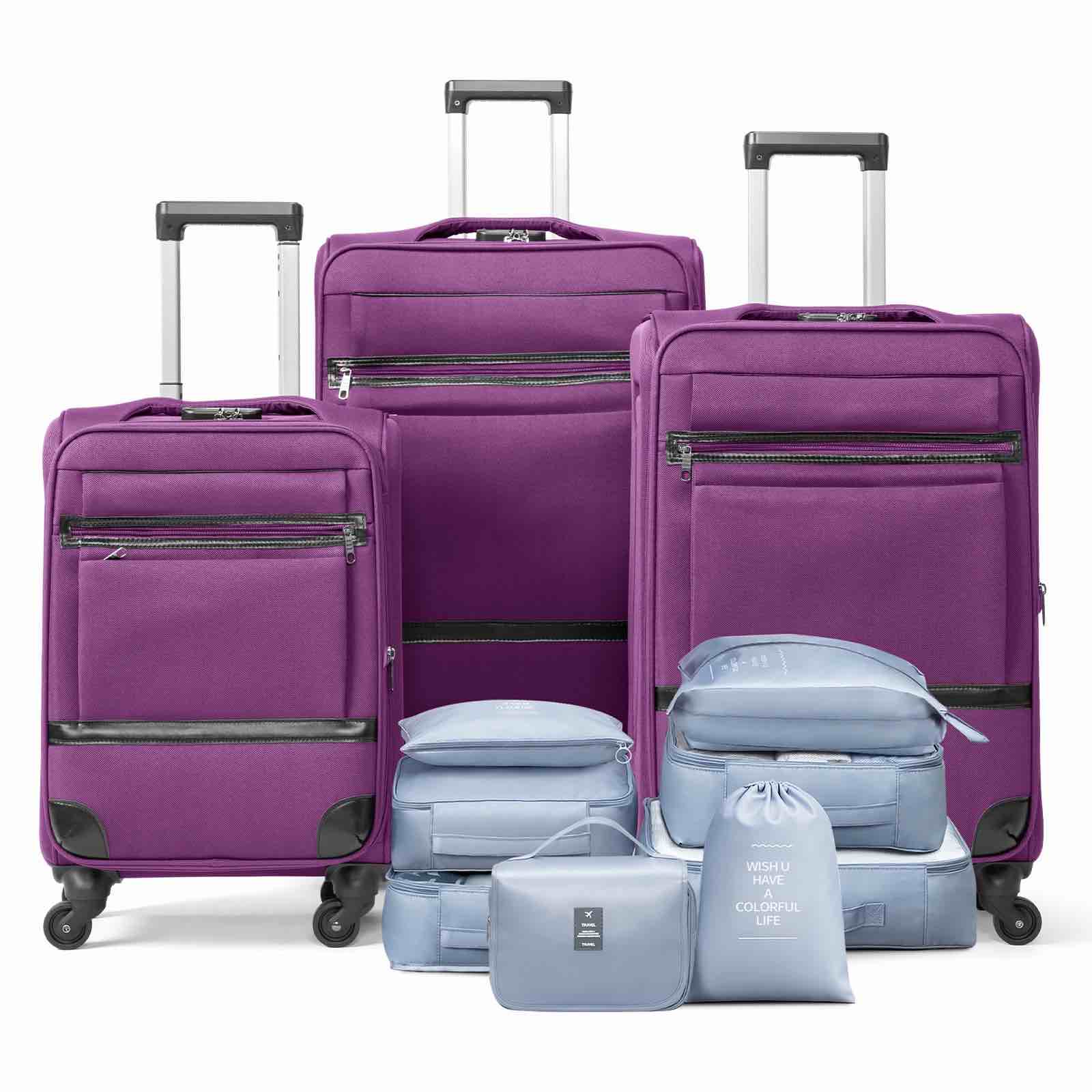Ktaxon 3-Piece Softside Luggage Set With 8 Set Pcaking Cube TSA Lock, 360° Spinner Wheels Purple