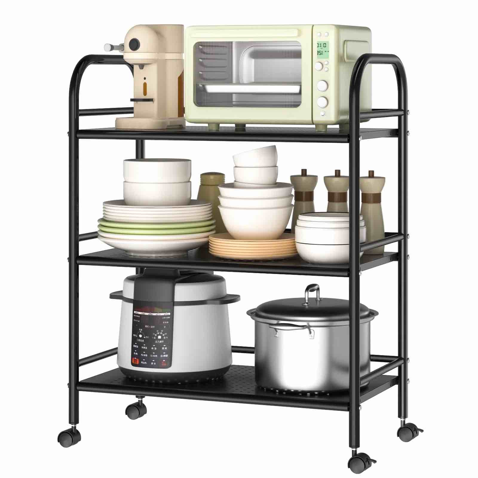 Cshidworld 3-Tier Metal Rolling Cart, Shelving Unit Storage Rack Kitchen Cart with Shelves, Heavy Duty Multifunctional Metal Frame with 2 Lockable Wheels for Home Office Kitchen Bathroom, Black&nbsp;