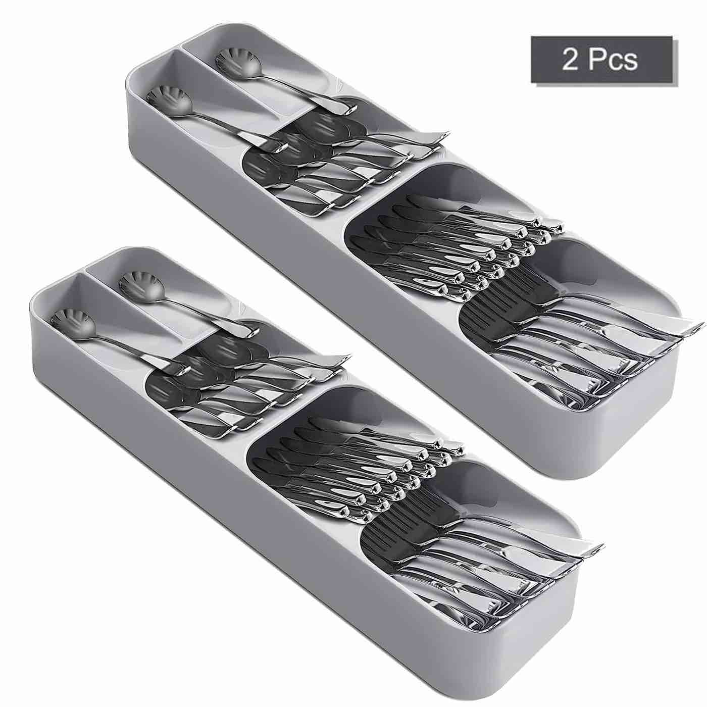 yoytoo 2pcs kitchen drawer cutlery organizer silverware organizer utensil storage flatware tray holder, gray