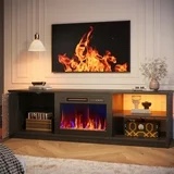 Pinmoco Electric Fireplace TV Stand for TVs up to 70", LED Entertainment Center With Cabinet & Shelves, TV Media Console Table for Living Room, Bedroom, Black Marble