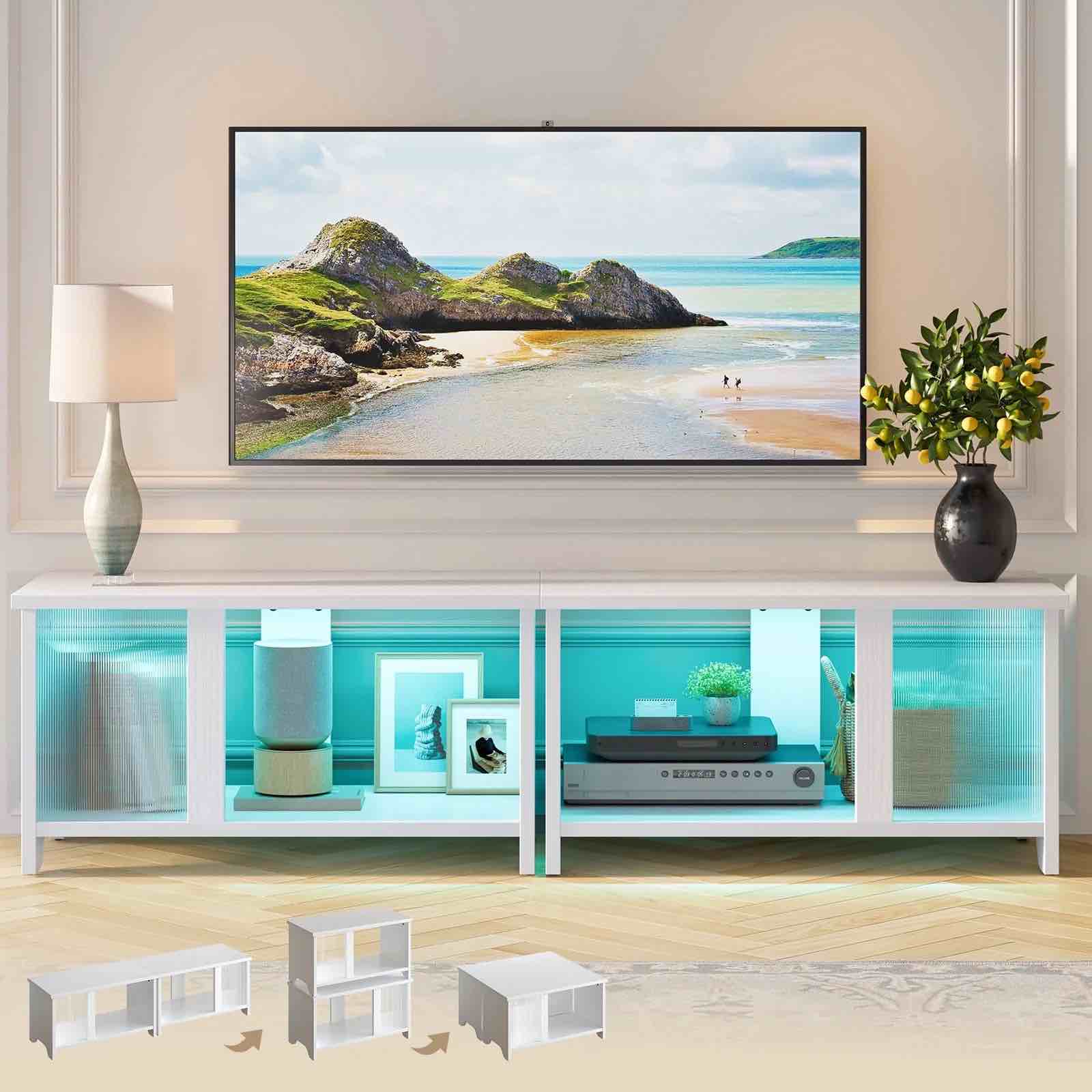 Pinmoco LED TV Stand for TVs up to 65'', Expandable Side by Side or Stacking TV Stand with Storage, black