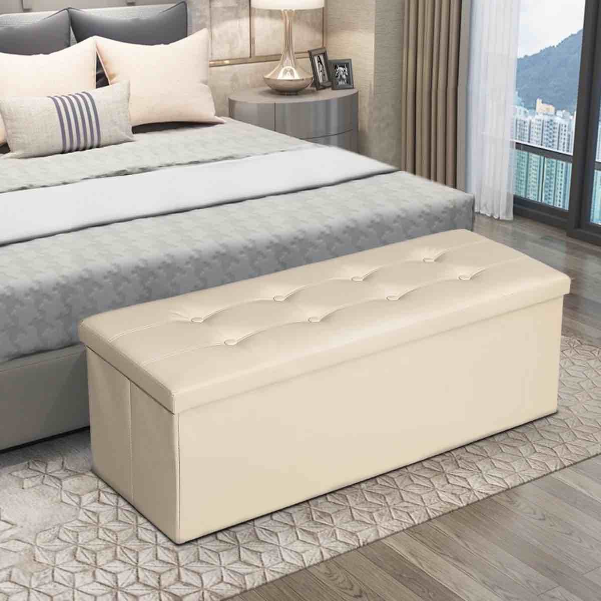 43" Ottoman with Storage Bench Long End of Bed Seat with Storage Large Hinged Storage Ottoman Bench Folding Chest Footrest Toy Chest for Kids Bedroom Living Room Large Size -Beige