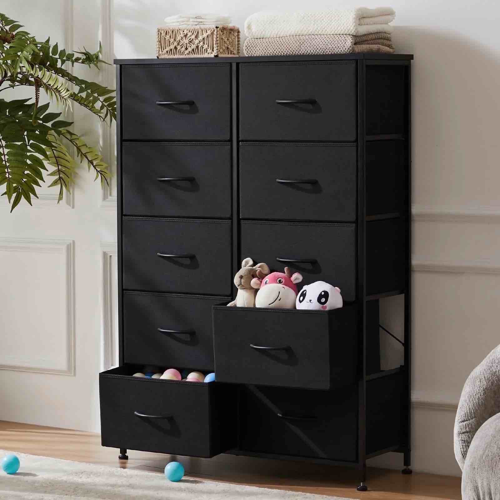 ZUNMOS 10 Drawer Fabric Dresser for Bedroom, Chest of Drawer Organizer Storage Cabinet for Closet, Entryway, Black