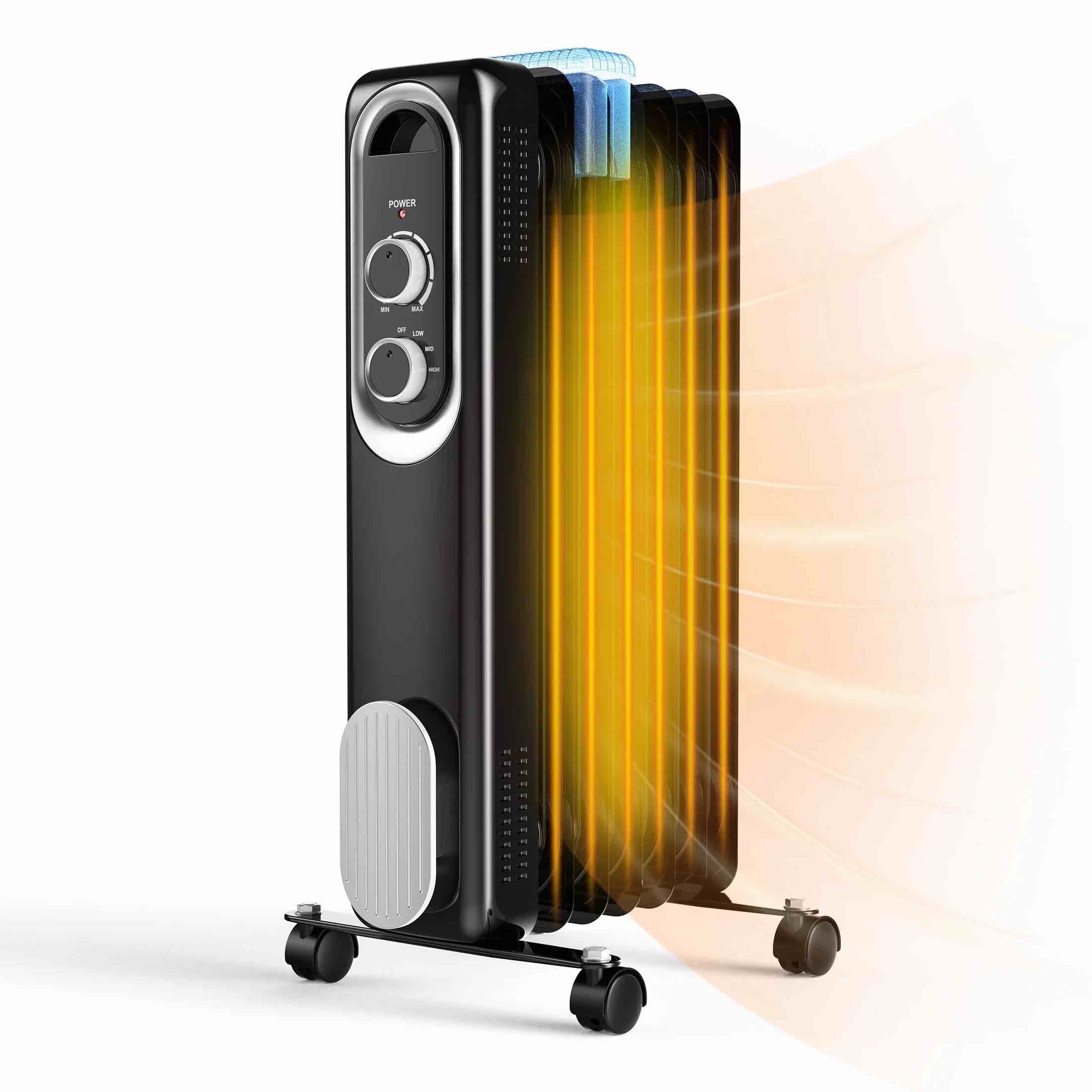 edx Basic Electric Oil Filled Radiator, 1500W Space Heater with Adjustable Thermostat, Black, 22.83 x 11.81 x 4.92 in