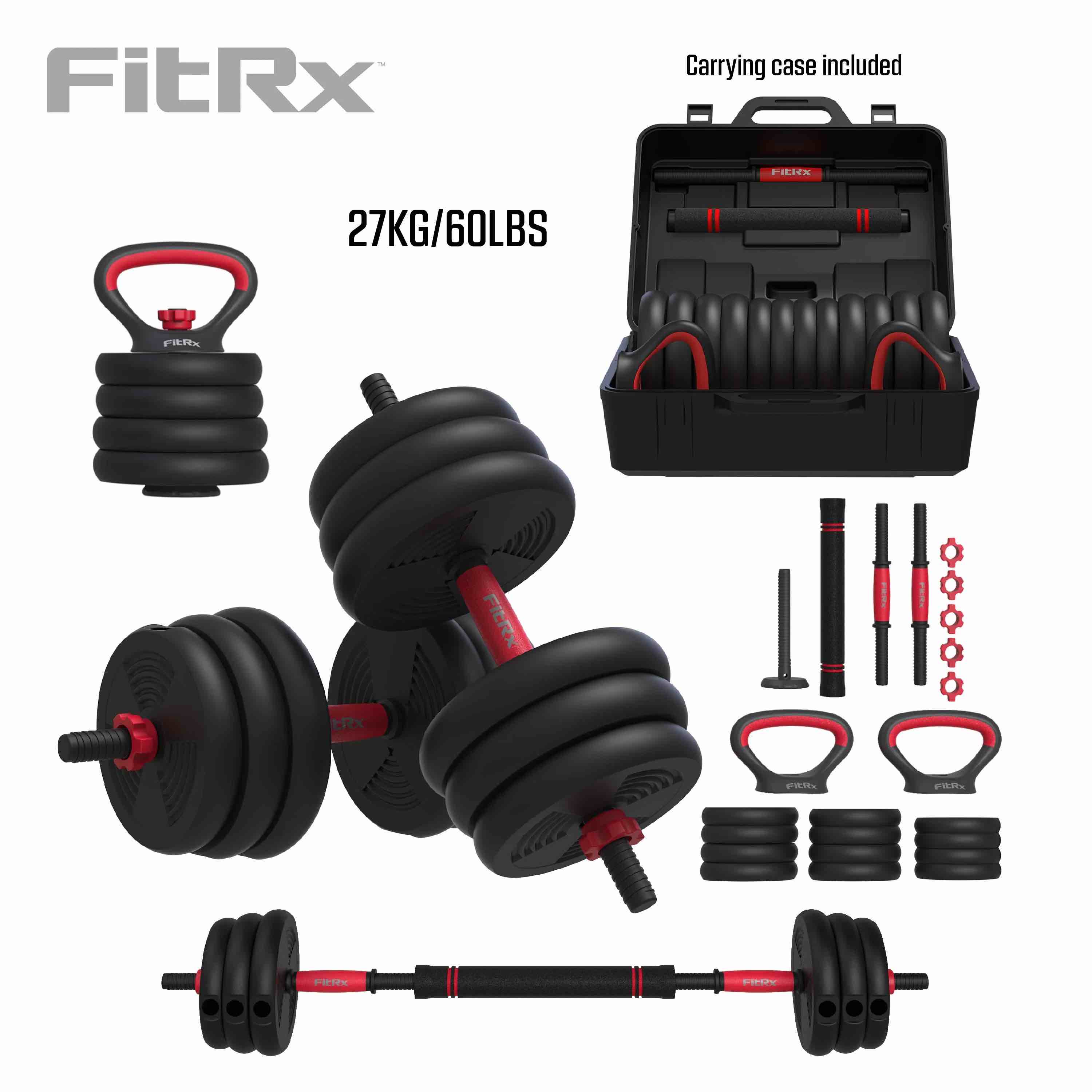 FitRx SmartBell Gym, 60 lbs. 4-in-1 Adjustable Interchangeable Dumbbell, Barbell, and Kettlebell Weight Set, Black