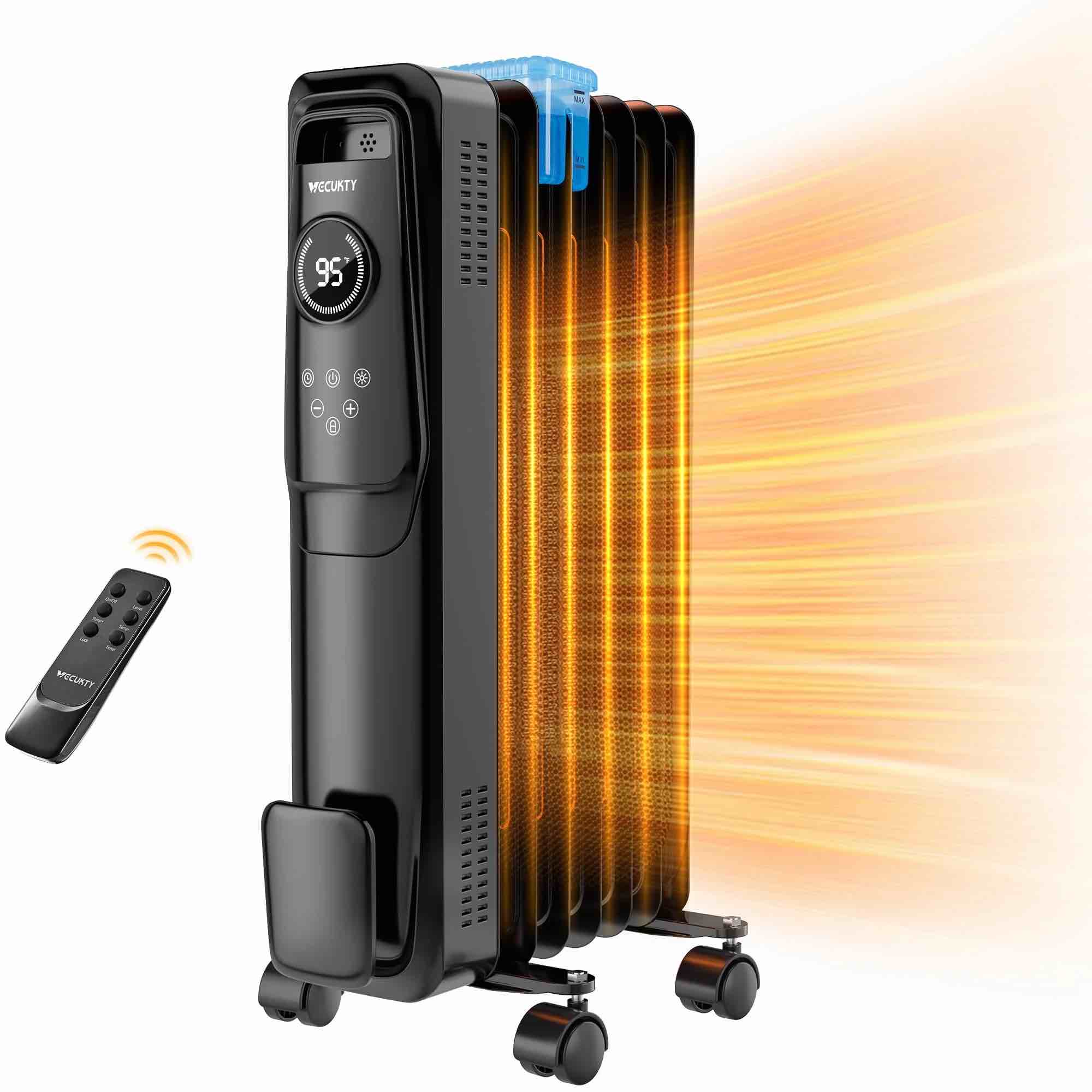 VECUKTY 1500W Oil Radiator Heater, Electric Oil Filled Space Heater Radiator with Remote Control,Child Lock,3 Modes,Overheat & Tip-Over Protection?24h Timer Digital Thermostat,Black