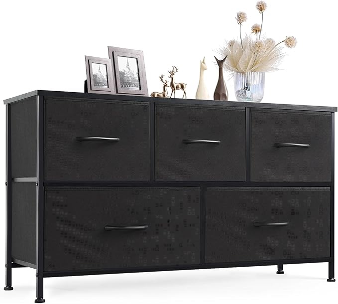 EDX 5 Drawer Dresser, Wide Chest of Drawers Nightstand Storage Tower Storage Fabric Dresser with Wood Top for Living Room, Bedroom, Hallway,Black
