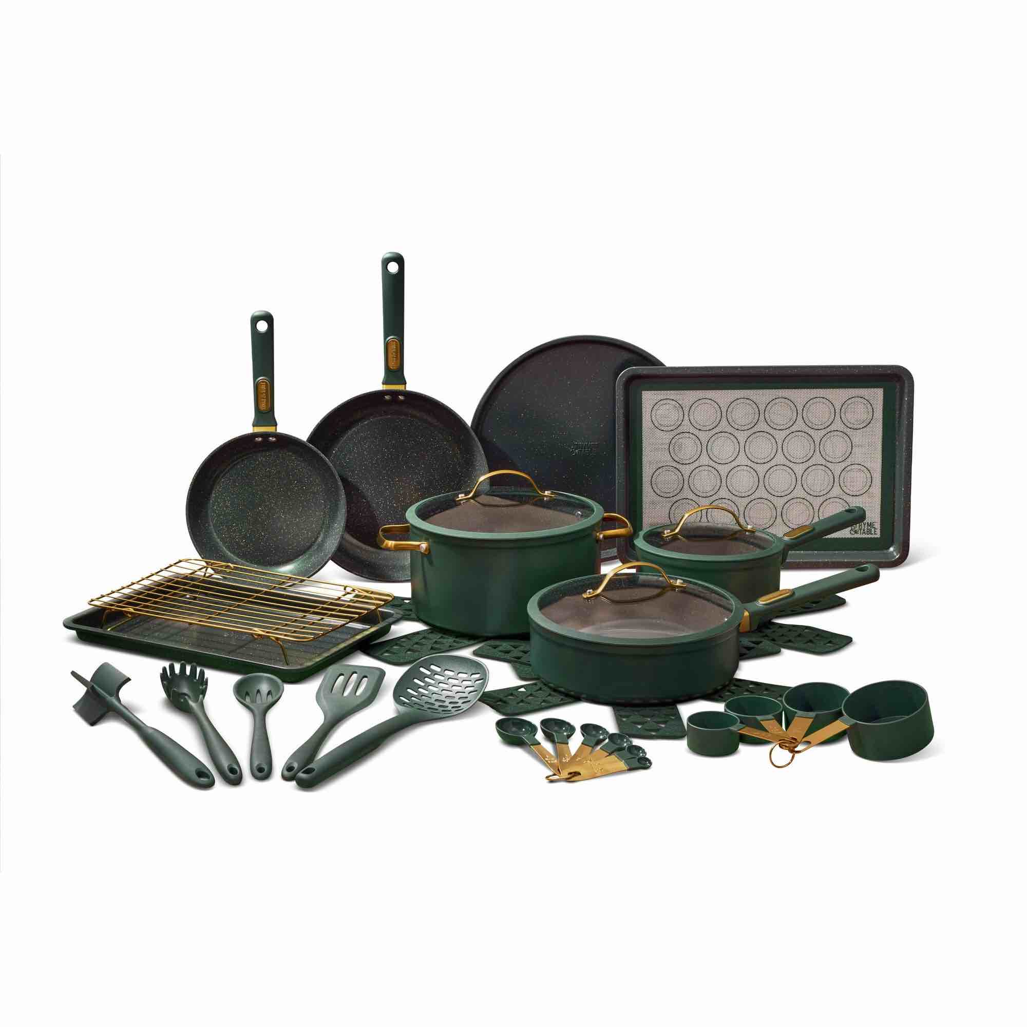 Thyme & Table 32-Piece Aluminum Cookware Set - Green