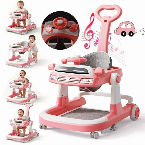 WonderStone 6 in 1 Baby Walker, Height-Adjustable Push Walker with Music & Light Toys, Baby Bouncer, Baby Activity Center for Boy Girl 6-18 Months (Pink)
