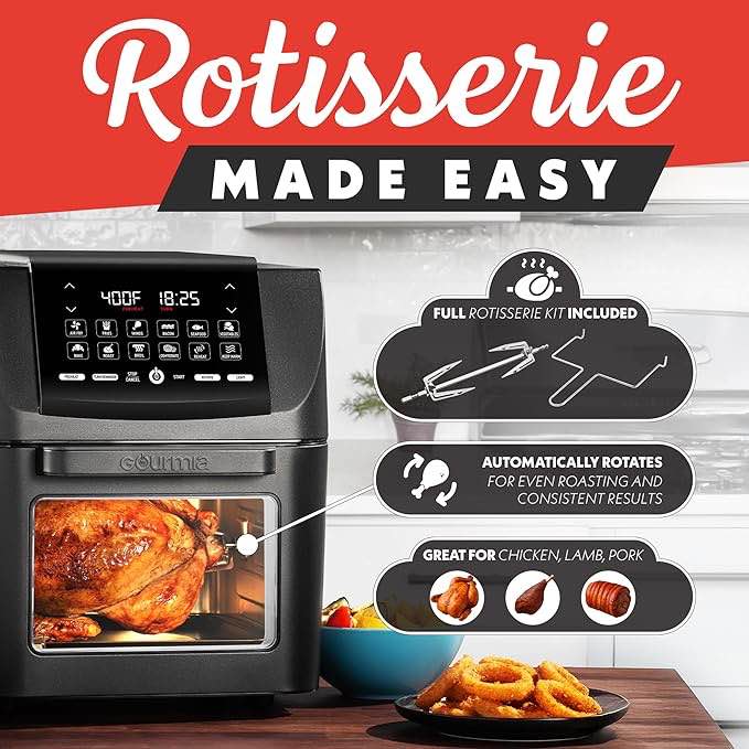 Gourmia 14 Qt Air Fryer Oven, 12 Presets, Rotisserie, FryForce 360°, Stainless Steel