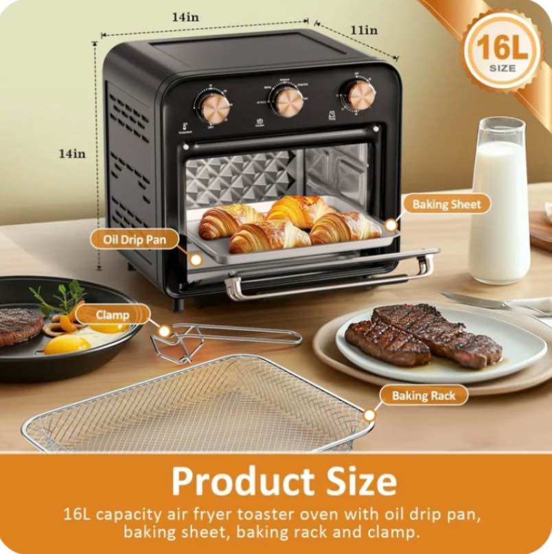TINANA 5-in-1 Air Fryer Toaster Oven Countertop, 1300W 17 Qt, 4-Slice Convection Ovens Combo, Oil-Less Air Fry, Roast, Bake Broil Toast, Dried Fruit, Timer, Stainless Steel