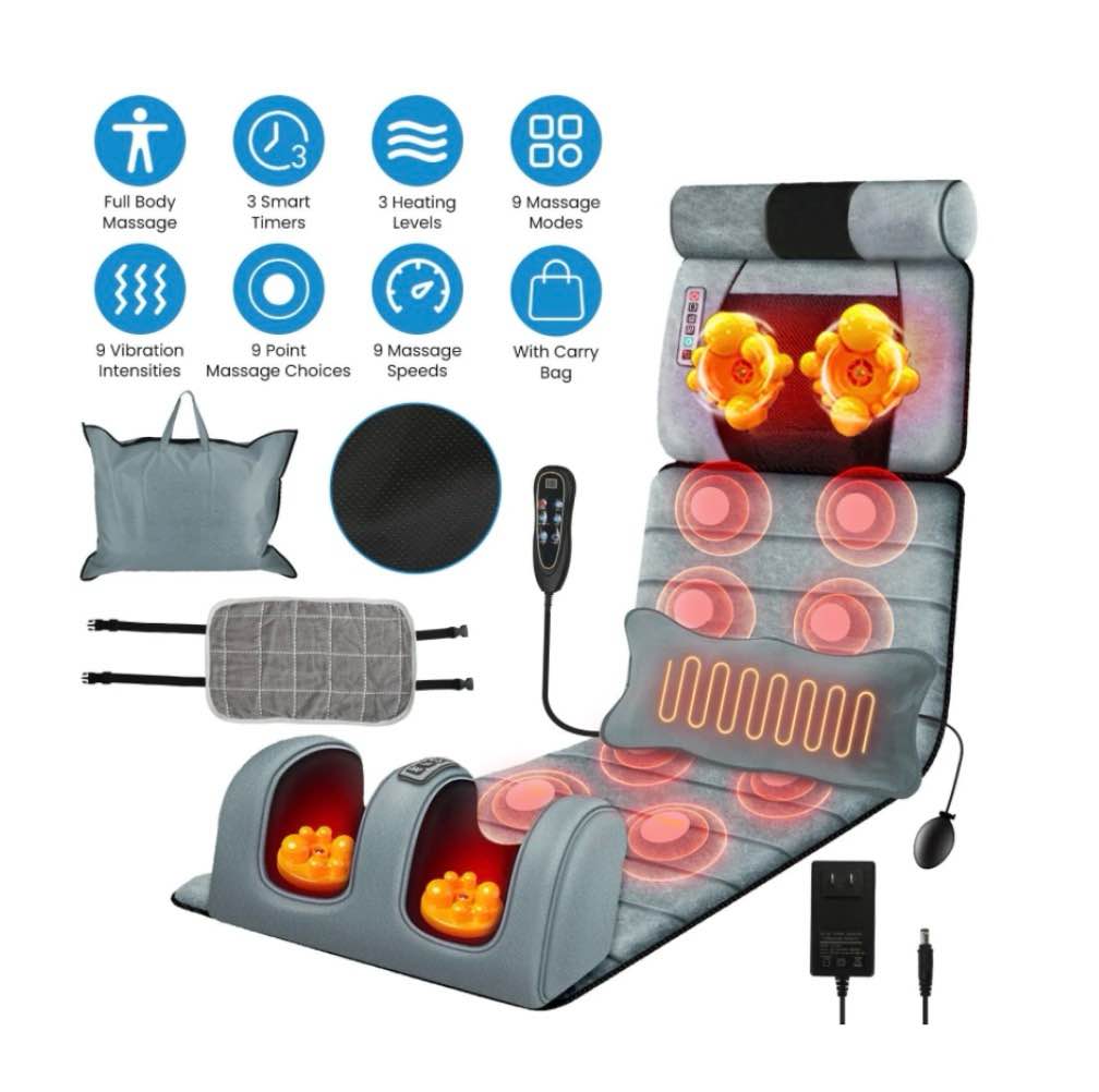 Moclever Electric Full Body Massage Mat, Heating Vibration Massage Pad with Neck Foot Massage Head Pillow and Cloth Lumbar Pillow Timer Anti-Slip Bottom, Grey