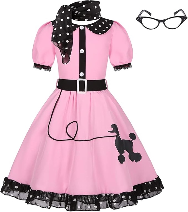 Simplecc Girls 50s Costume 1950s Pink Blue Poodle Cutie Dress Set for Kids Halloween Costume small 
