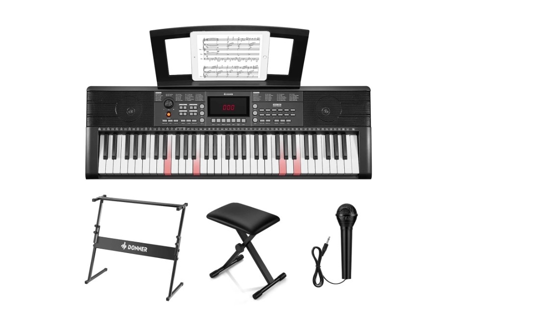 Donner DEK-300 61-Key LED Electronic Keyboard Piano with Interactive Light-Up Keys – All-in-One Bundle with Stand & Bench, 500 Timbres, 300 Rhythms, Teaching Mode for Beginners
