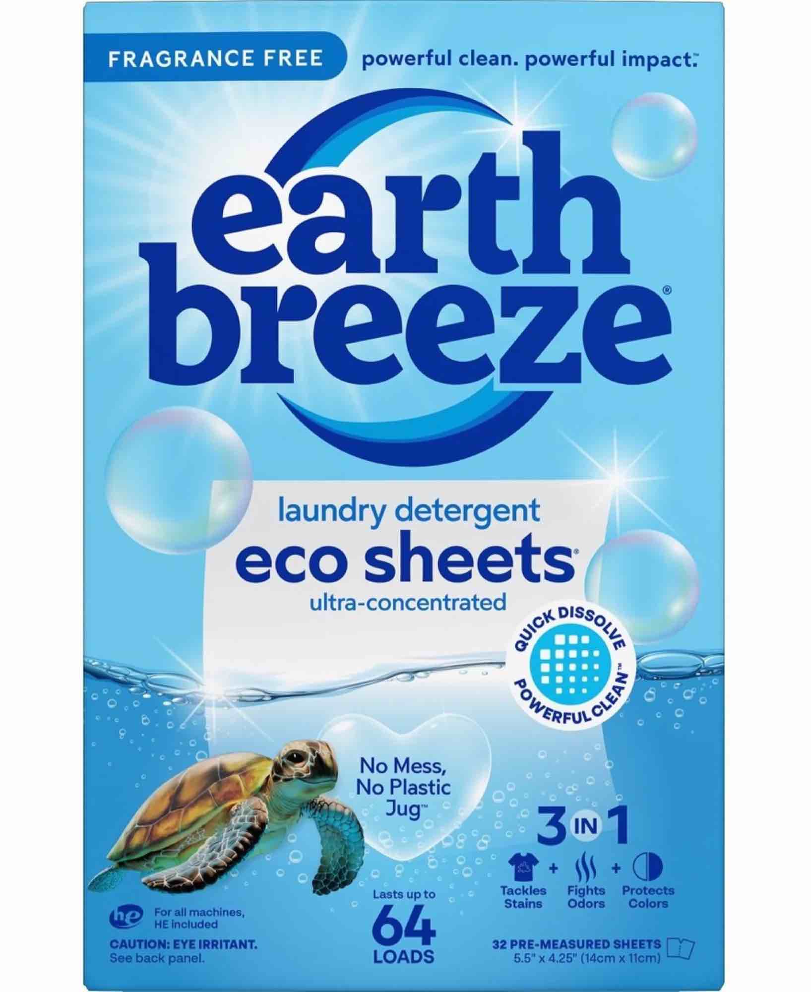 Earth Breeze Laundry Detergent Sheets, Fragrance-Free Eco Sheets, 32 Count, 64 Loads