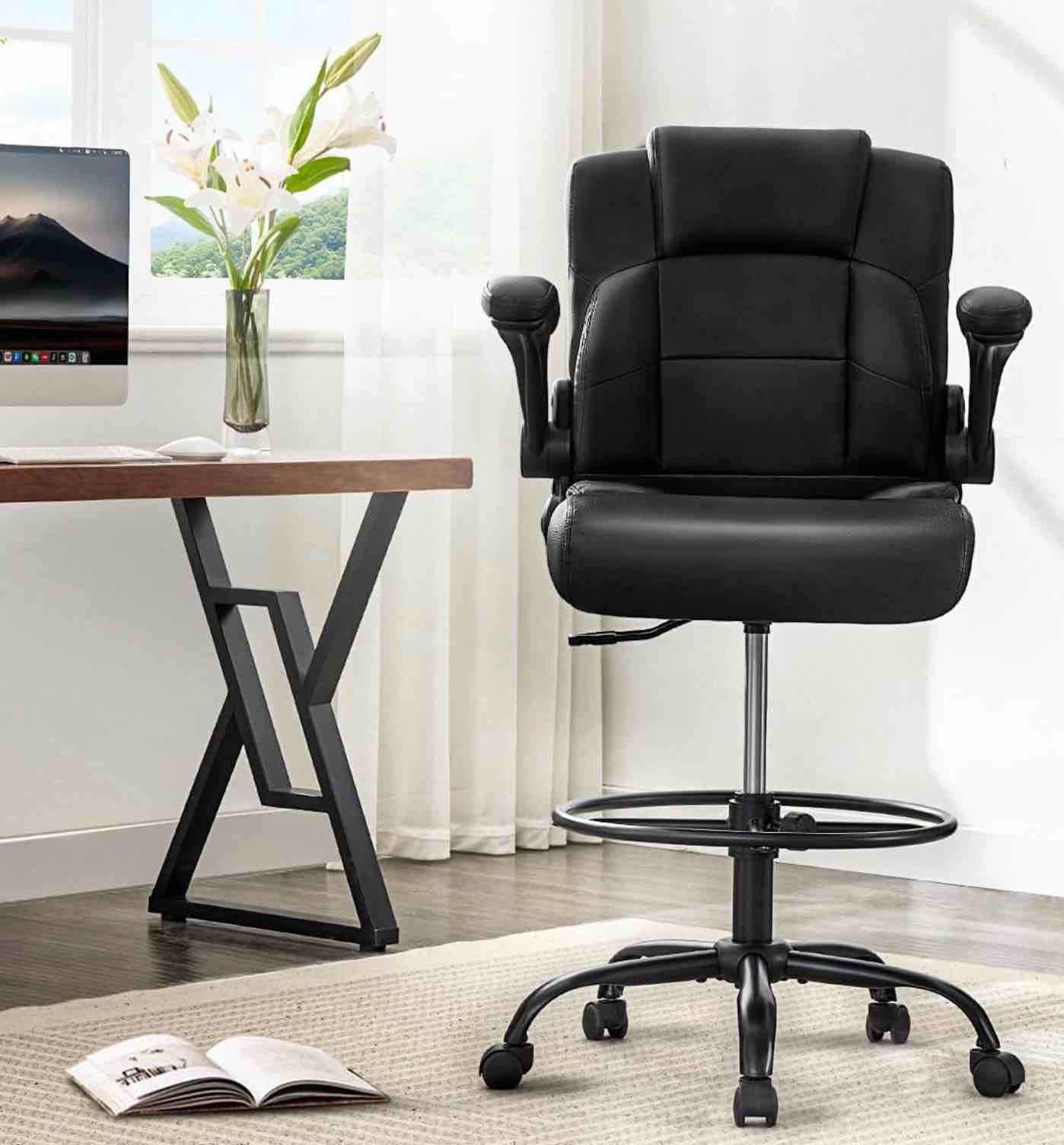 JONPONY 500 lbs Tall Office Chair with Flip-up Armrests for Standing Desk Executive Ergonomic Computer Leather Desk Chair with Lumbar Support, Adjustable Foot Ring for Home,Black