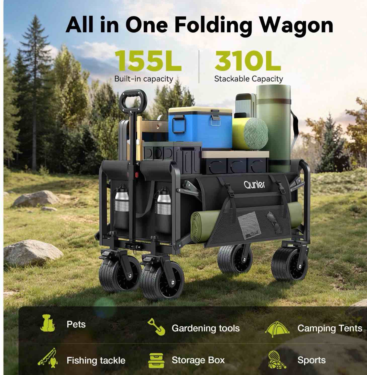 Qunler 560lbs Large Collapsible Folding Wagon with Oversized Tank Wheels, Heavy Duty Big Bucket Utility Garden Cart with Side Pocket for Sports, Shopping, Camping, Kids, Black