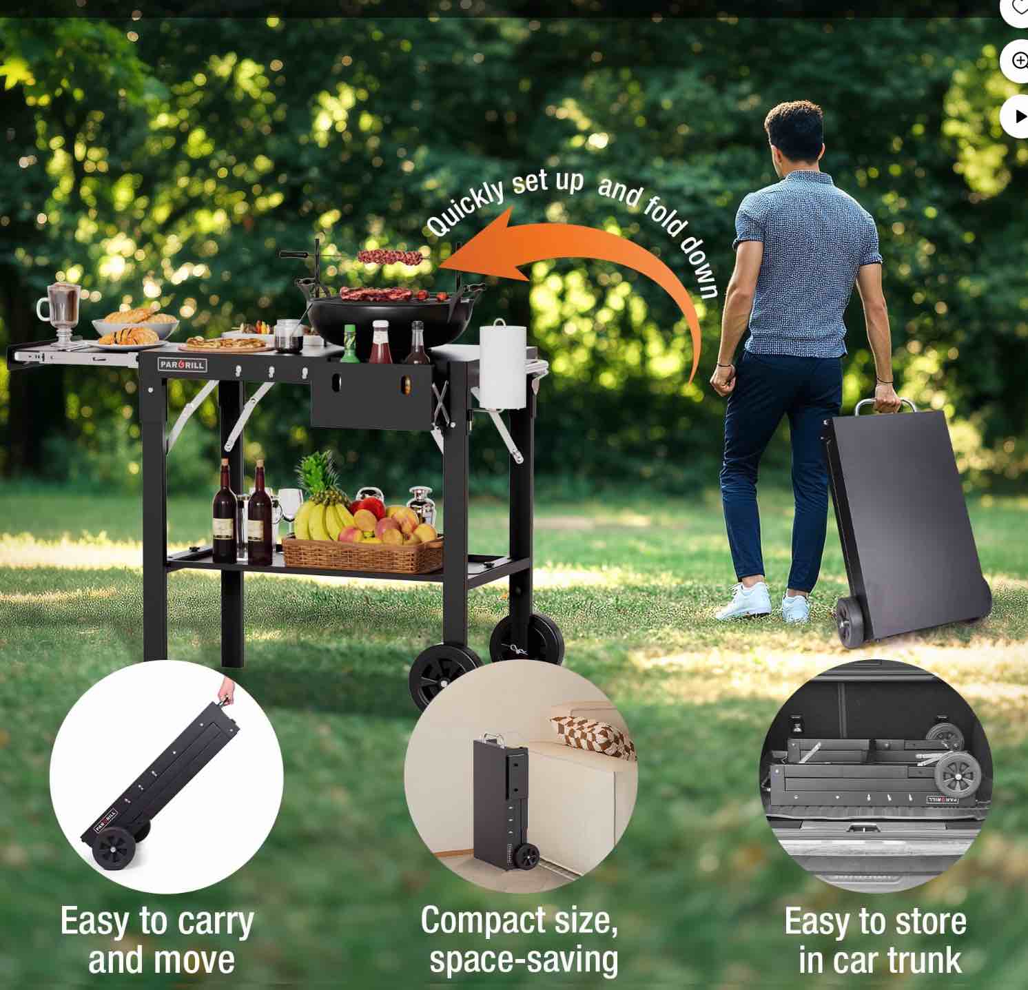 PARGRILL Outdoor Folding Grill Cart with Pull-Out Side Table, Griddle Stand Fit 17 Inch or 22 Inch, Portable Stainless Steel BBQ Prep Station with Wheels