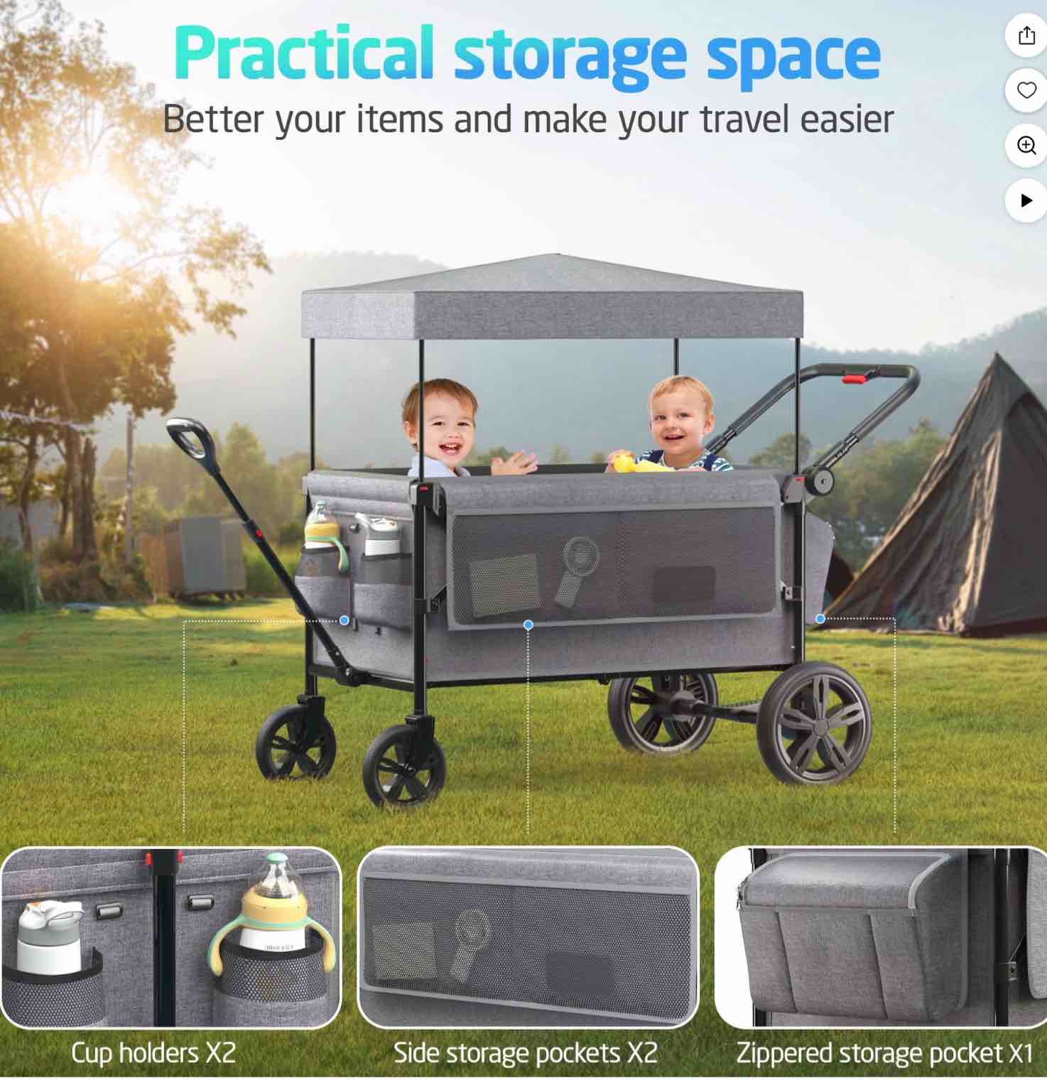 SACVON All-Terrain Stroller Wagon for Toddlers with Canopy, Parent Organizer, Adjustable Handlebar, 2 Cup Holders