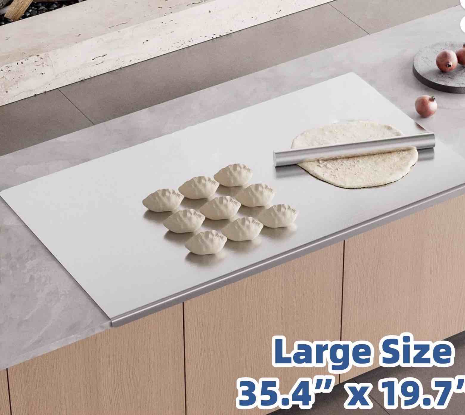 Qunbio 304 Stainless Steel Chopping Board with Lip, 35.4”x 19.7” Large Steel Cutting Board with Rolling Pin for Kitchen, Restaurant