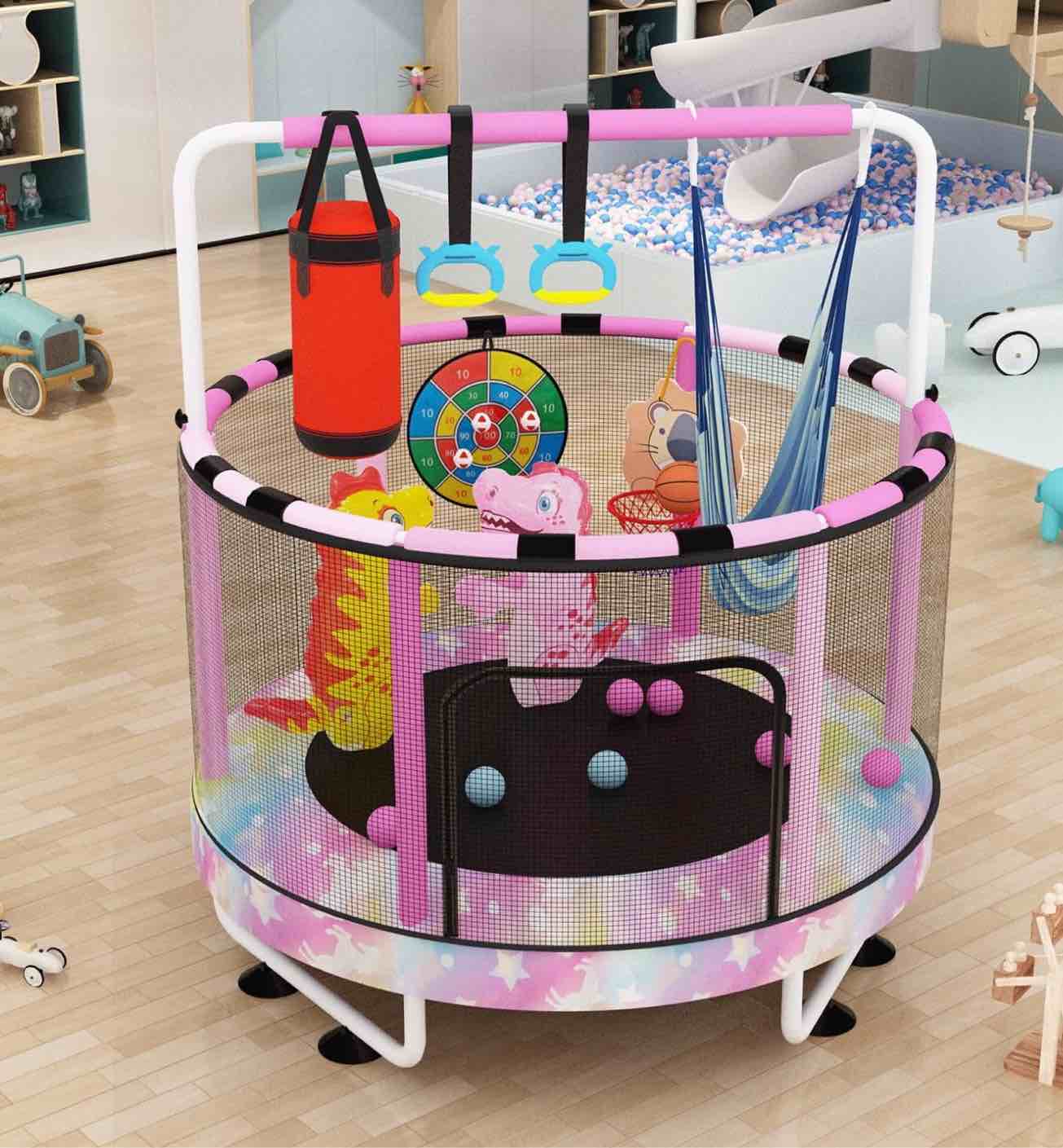 Baxluxe 55" 7-in-1 Upgraded Kids Trampoline, Reinforced Safe Design with Adjustable Height & Net, 500lbs Capacity Indoor and Outdoor Mini Trampoline for Boys & Girls Ages 3-8, Rainbow Unique