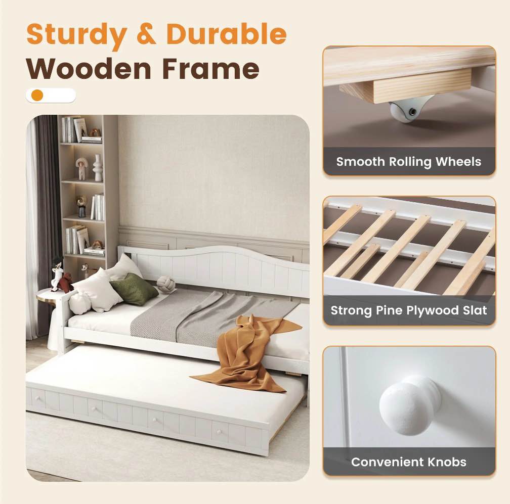 edx Twin Daybed with Trundle, Solid Wood Day Bed with Slats Support, Integrated Headboard & Armrests, Modern Trundle Bed for Living Room, Bedroom, Guest Room, No Box Spring Needed, White