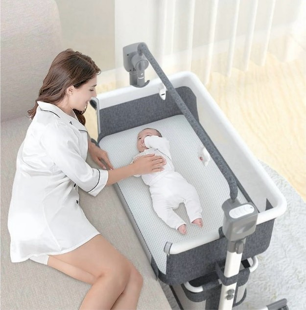 SteAnny Electric Rocking Crib Unisex Baby Cradle Newborn Bedside Sleeper with Remote Bassinet(Khaki/White)