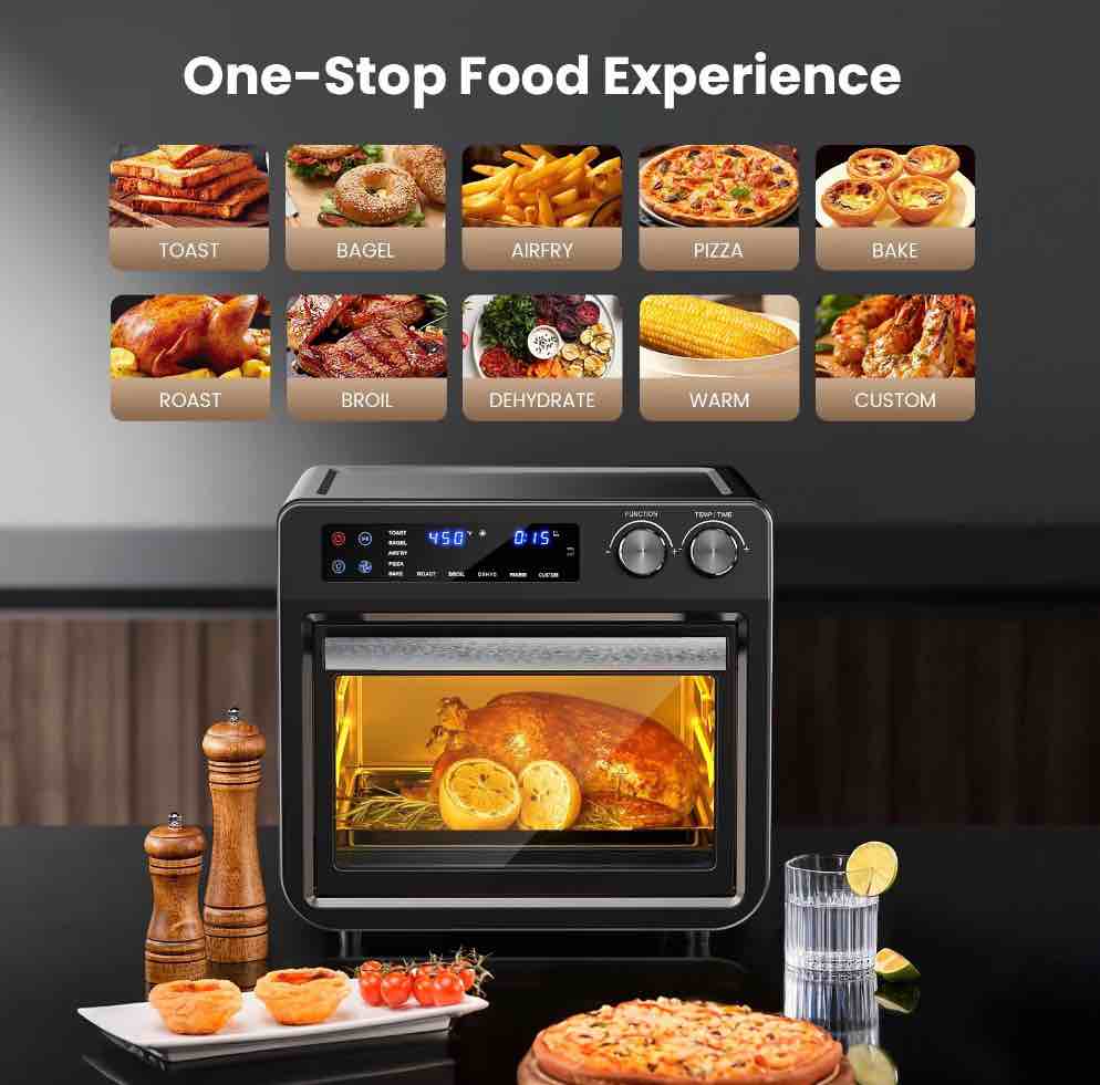26QT Air Fryer Oven,Oil-Less Digital Touchscreen Toaster Oven with 10-in-1 Multi Function&Custom Mode, Visible Window , 1800W,Black