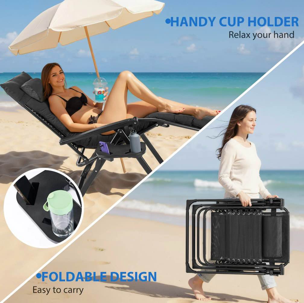 EDX Zero Gravity Chair, Reclining Camping Lounge Chair with Removable Cushion, Headrest and Cup Holder Trays, Folding Patio Recliner for Indoor&Outdoor Use, 440LBS Capacity, Black