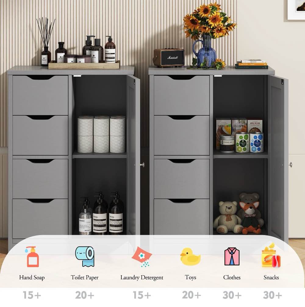Walsunny Bathroom Floor Cabinet Storage Organizer Freestanding Wooden Cupboard with Door Drawers Adjustable Shelf for Small Spaces Laundry Room Kitchen Living Room Bedroom Home Office,Gray