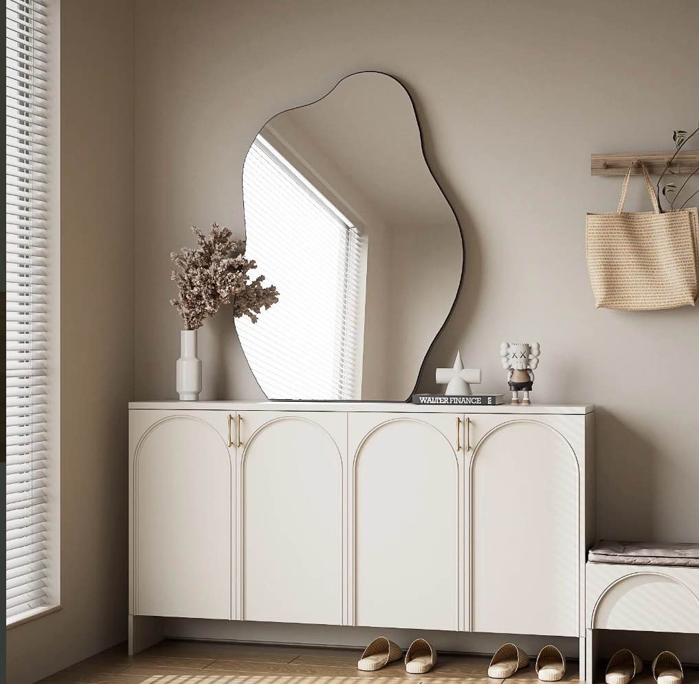 BEAUTYPEAK 24" x 32" Vanity Mirror Wall Wavy Mirror Bathroom Mirror Decor , Black