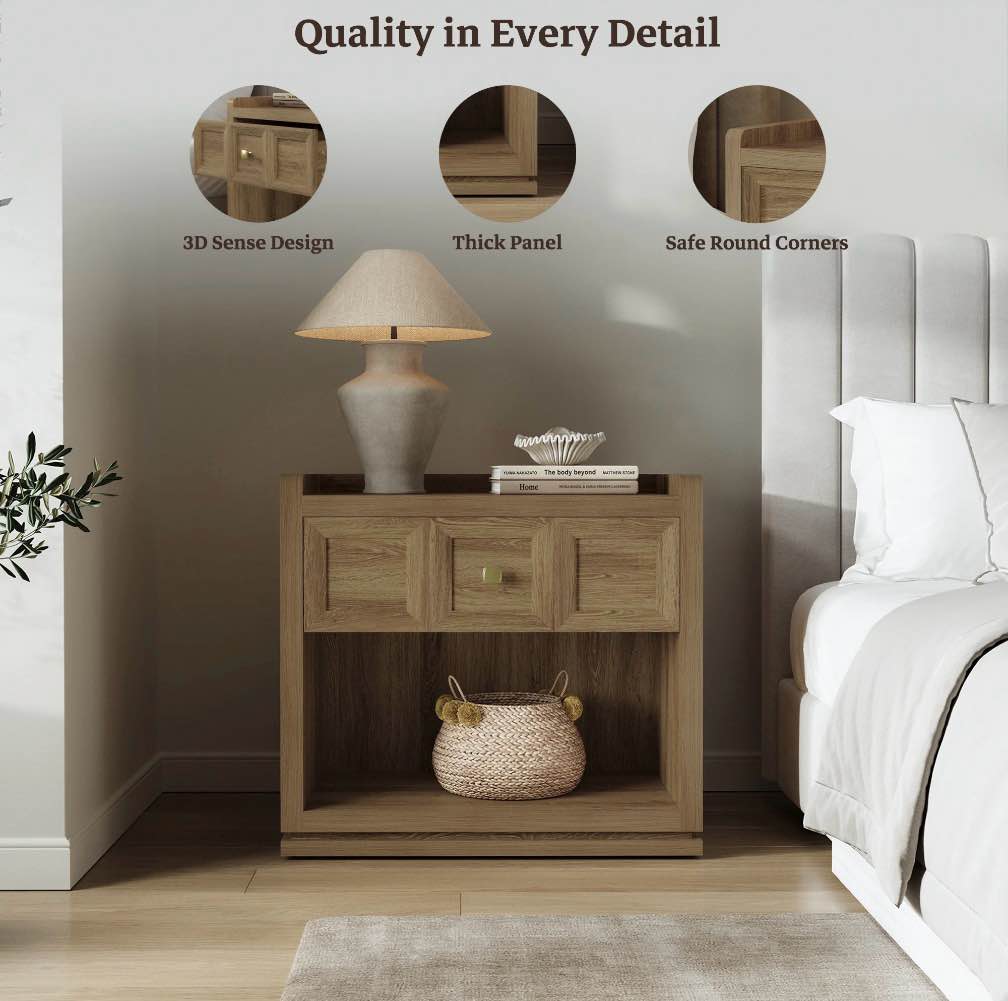SICOTAS 26" W Farmhouse Nightstands Set of 2, Big nightstands with Drawer & Open Shelves, Large Bedside Table, End table for Bedroom, Living Room, Brown