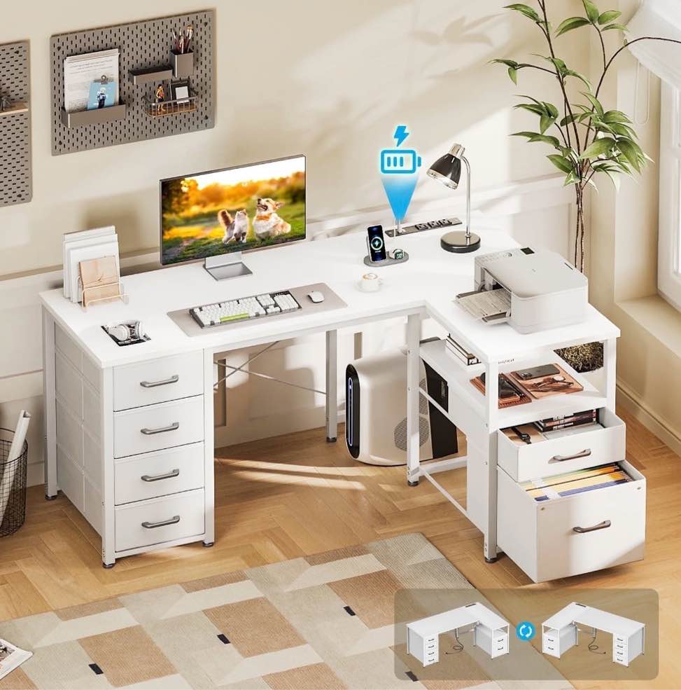 Casacomoda 55 inch Computer Desk with 5 Drawers and File Cabinet for Storage, Office Desk with Storage Shelf & Power Outlets, Home Office Desks, White