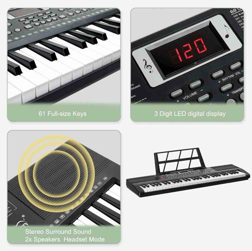 Glarry 61 Keys Keyboard with Piano Stand, Piano Bench, Built In Speakers for Beginners