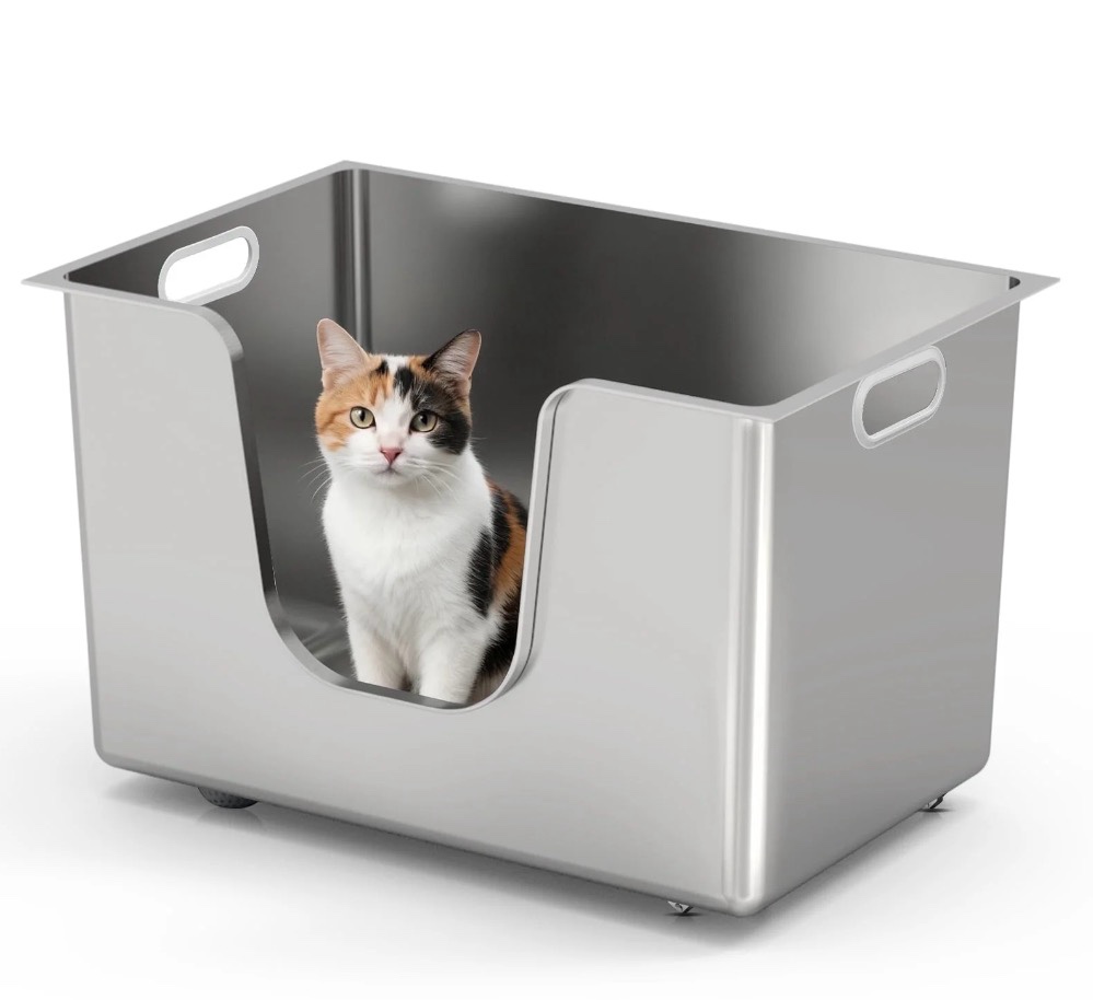 Ptlom Stainless Steel Litter Box with 13.7'' High Sides Anti-Splashing Seamless Metal Litter Box Extra Large Low Entry Litter Pan for Big Cats
