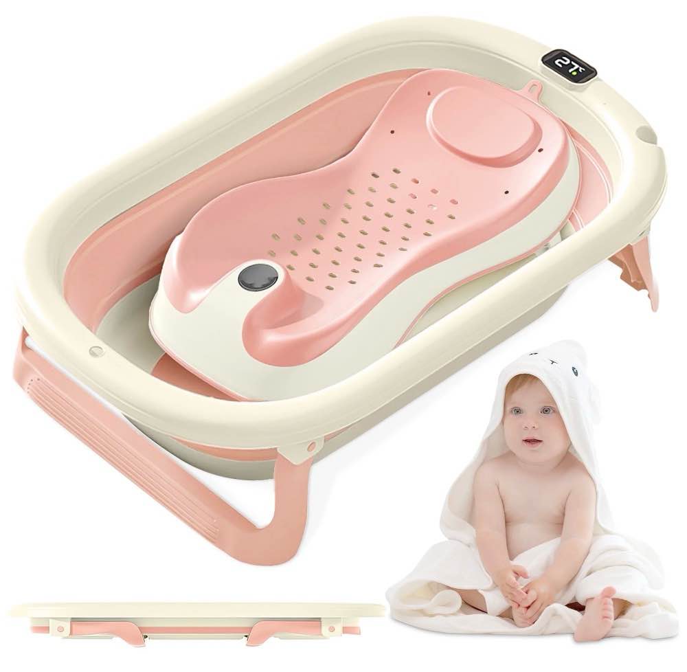 Rupoun Foldable Baby Bathtubs, Collapsible Bathtub for Infant Newborn Boys and Girls, Portable, Plastic, Pink