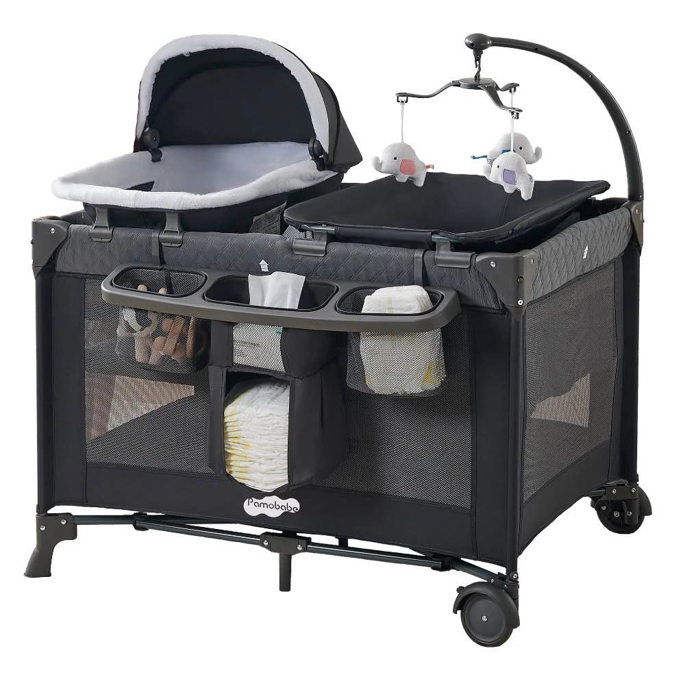 Pamo Babe 4-in-1 Baby Playard with Bassinet & Changing Table for Newborn,Grey