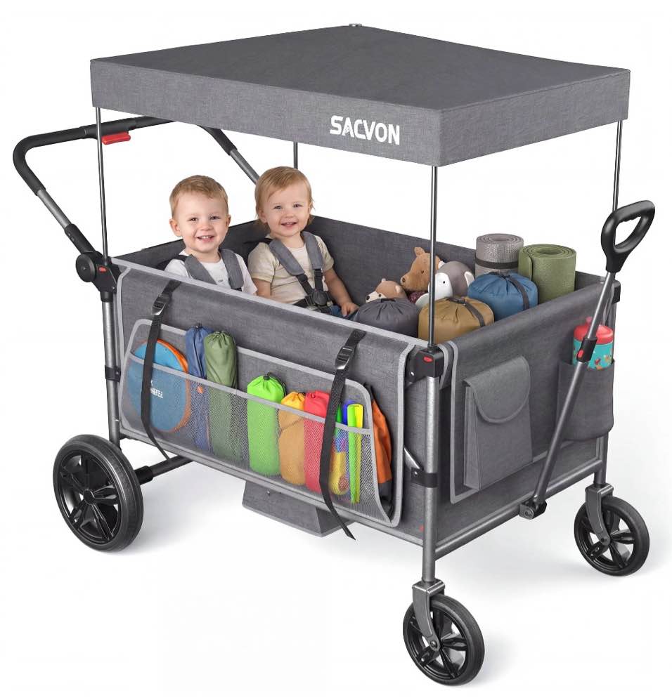 SACVON Stroller Wagon for 4 Kids with 5-Point Harnesses,Detachable Seats Stroller Wagon 4 Seater for Garden,Removable Canopy,Adjustable Handles,Camping Trips,Gray