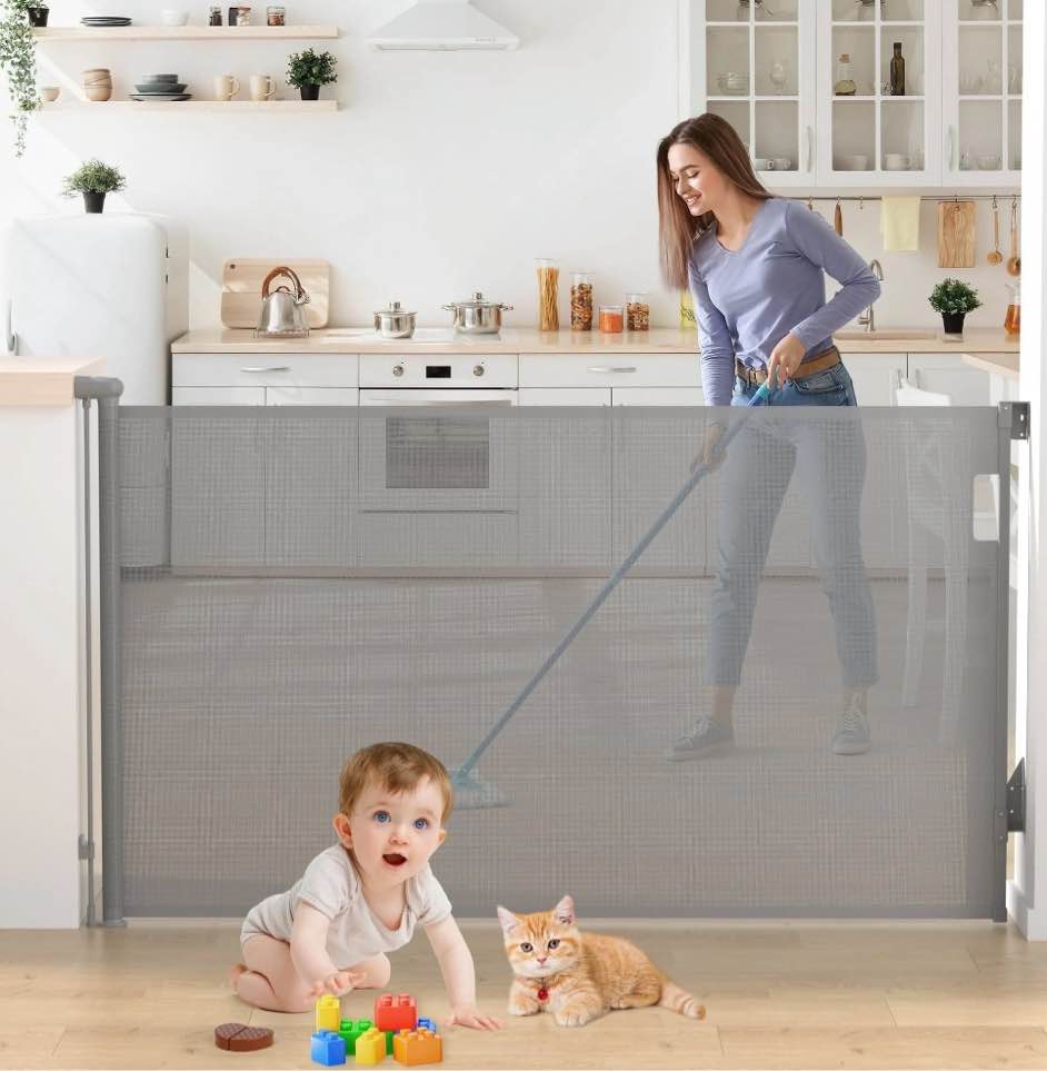 Vomeast Retractable Safety Gate,Extends up to 71in Wide,37.4in Tall Baby Safety Gates Dog Gate for Doorways Stairs(Grey)