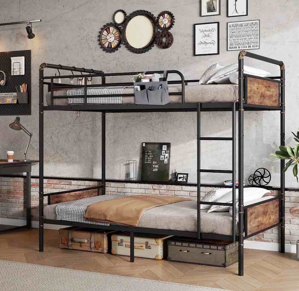 Cocosity Twin over Twin Bunk Bed(Convertible into 2 Seperate Beds),Antique Heavy Duty Metal Bed Frame with Storage Bag&Hooks for Adults Teens,Black&Brown