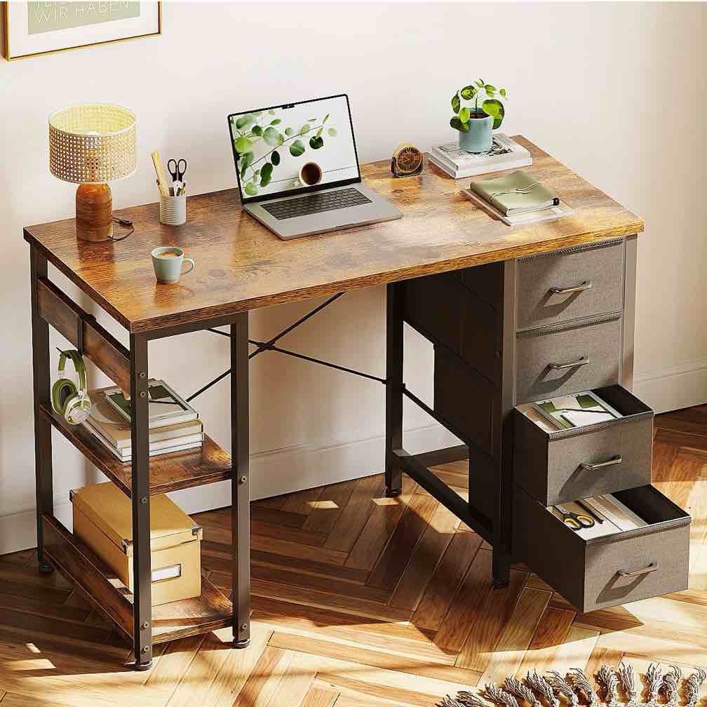 Casacomoda Computer Desk with Drawers & Storage Shelves, 40 Inch Corner Desk for Home Office Bedroom, Small Teen PC Desks with Fabric Drawer, Vintage