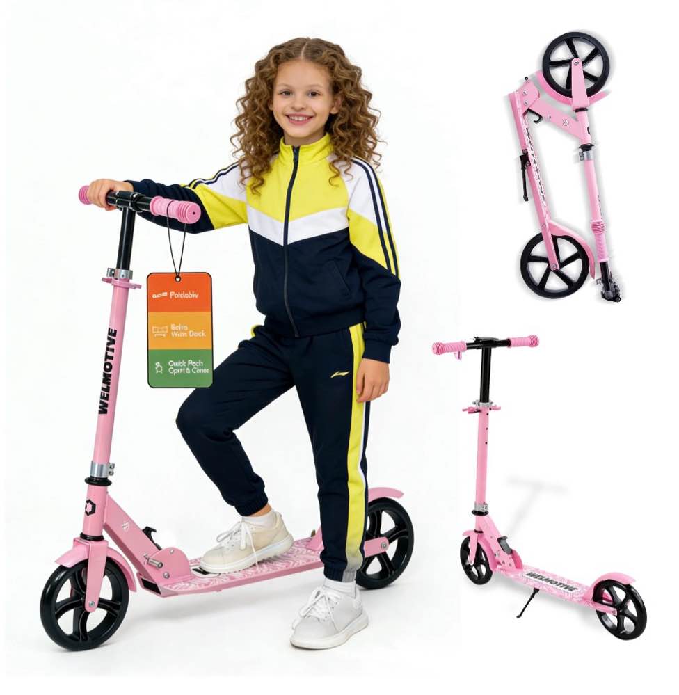 Welmotive Scooter for Kids Ages 6+, Teens & Adults, Lightweight Kick Scooter 3 Adjustable Heightand Rear Brake, Big Wheel Foldable Scooter for Indoor & Outdoor.