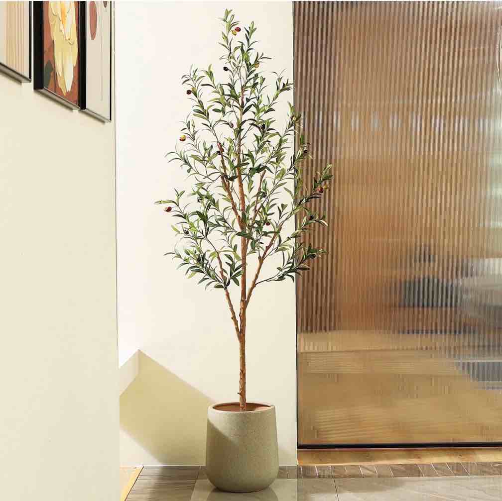 DR.Planzen 6ft Artificial Olive Tree Indoor, Tall Faux Olive Tree, Artificial Plants with Natural Wood Trunk and Lifelike Fruits for Home Office Decor