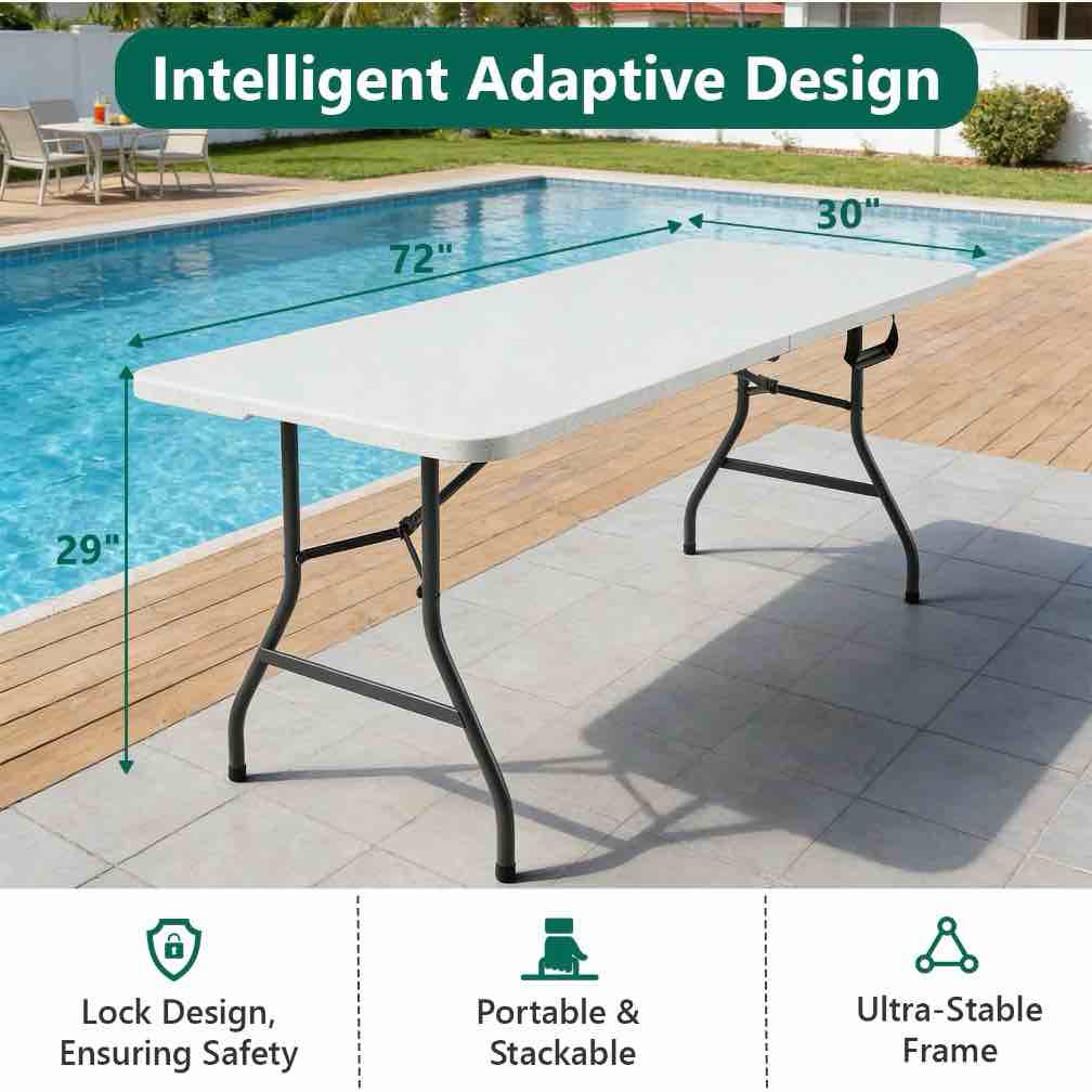 HOUSNIFLEX 6FT Folding Table, Heavy Duty Portable Table, Waterproof HDPE, Foldable for Picnic, Party, Camping, Dining, BBQ, Indoor & Outdoor, White
