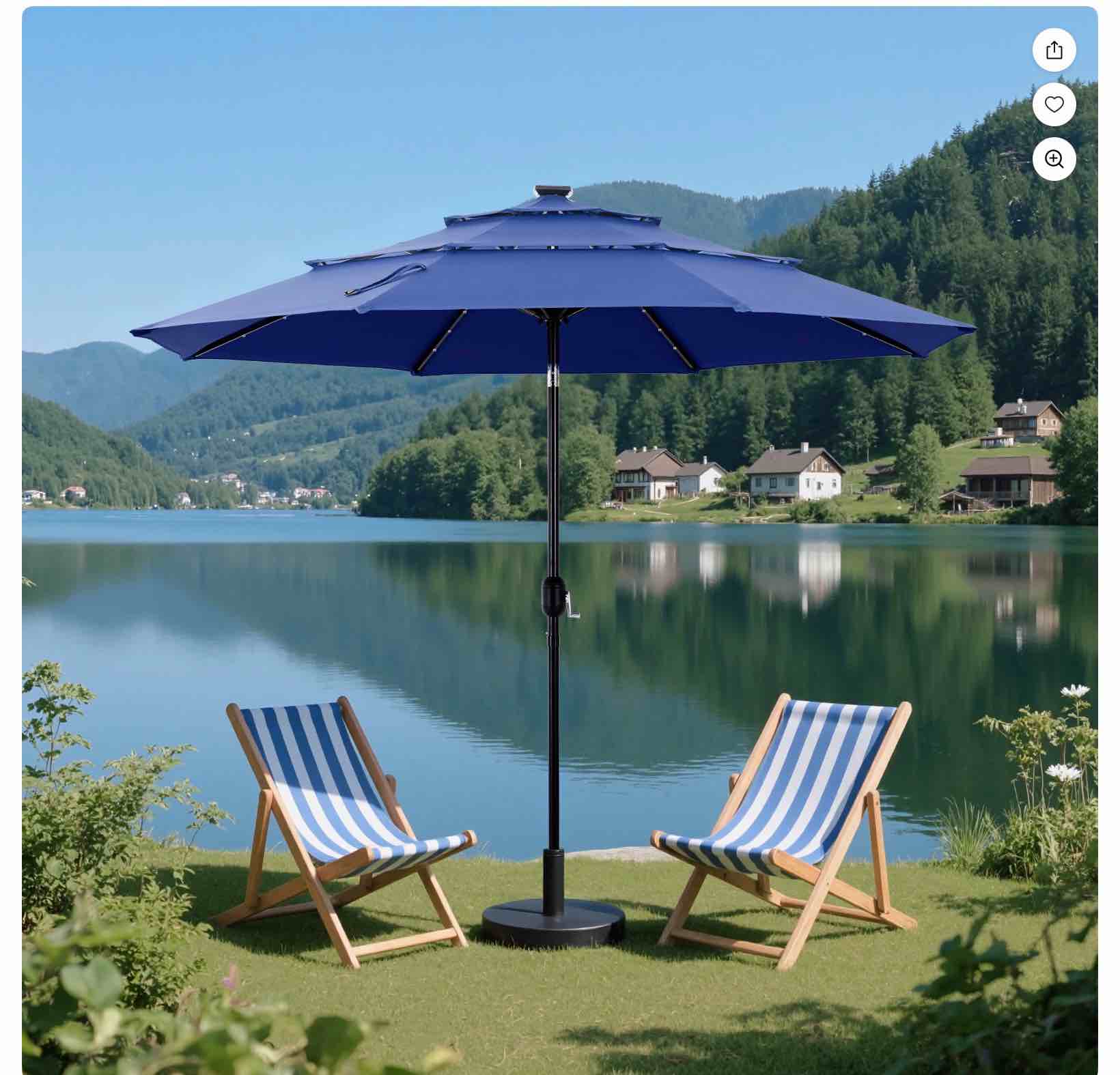 edx 10ft 3-Tier Solar LED Patio Umbrella with Tilt Adjustment and UV-Resistant Polyester Fabric, Outdoor Market Umbrella, Navy Blue