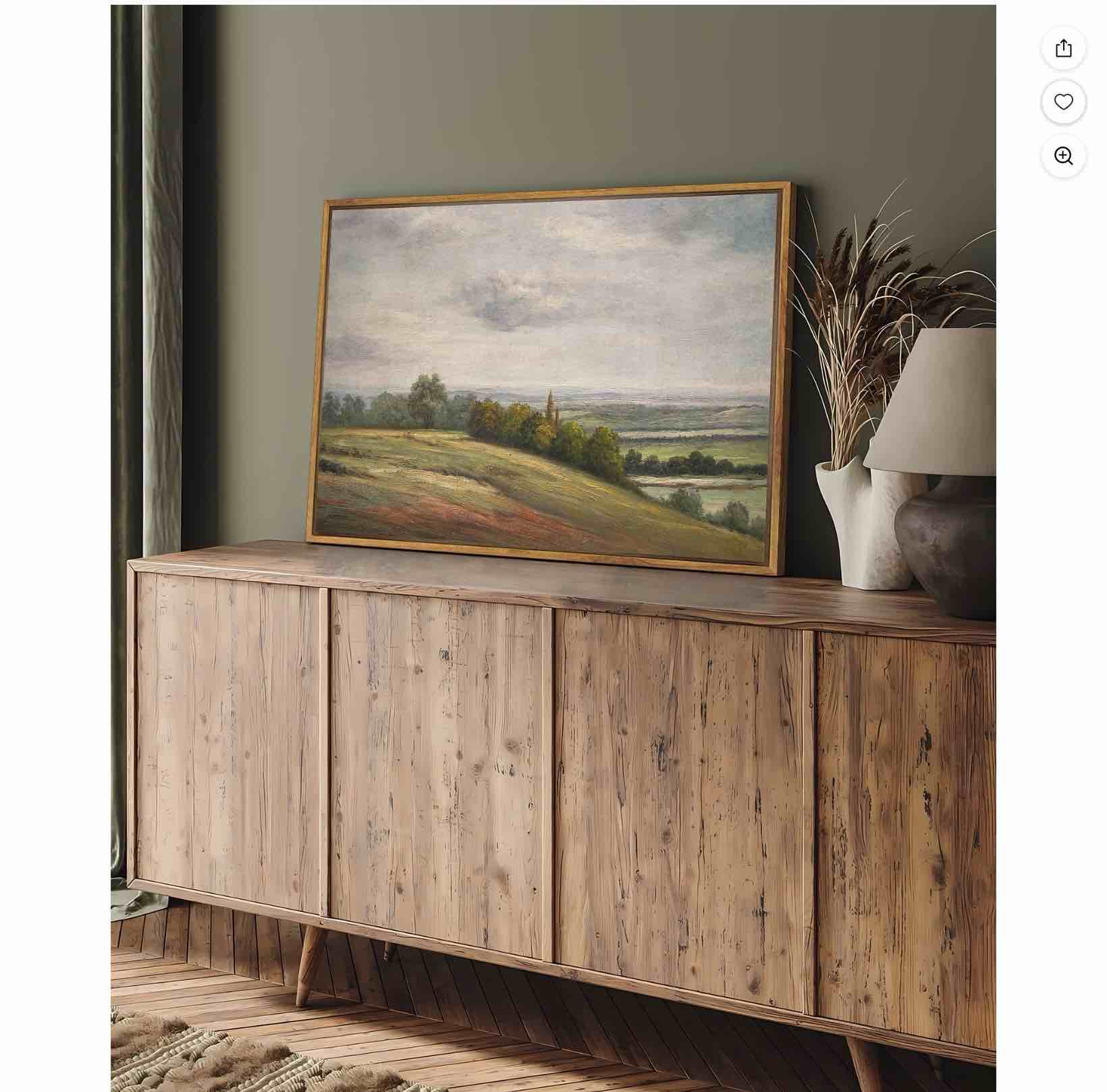 Drsoum Framed 24x36in Landscape Canvas Vintage Classical Framed Paints White Clouds Over Vast Grassland Room Decor - Natural Framed